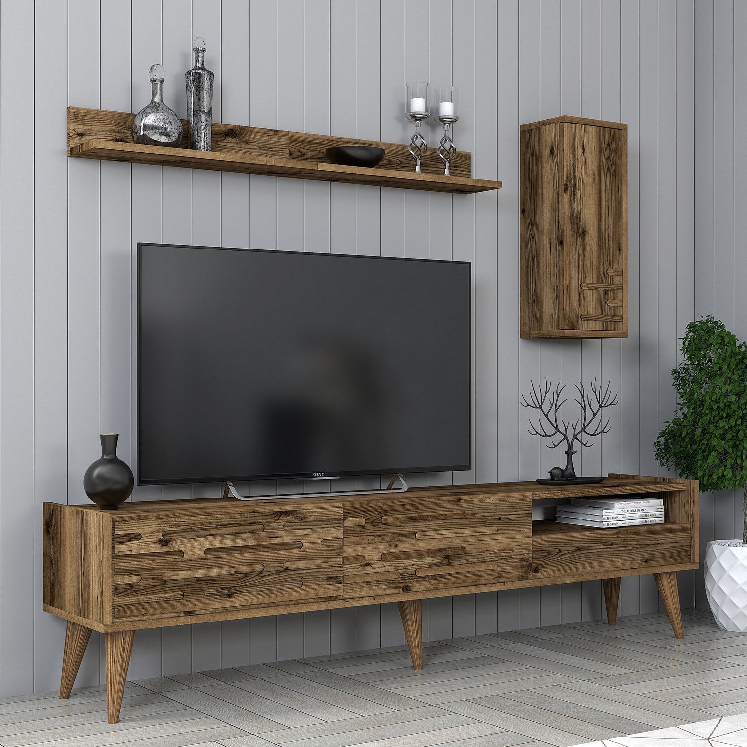 Móvel de TV elegante em nogueira com prateleira de parede e armário, 100% revestido em melamina, 180 cm de largura | Design durável e funcional com amplo espaço de armazenamento e pernas de plástico