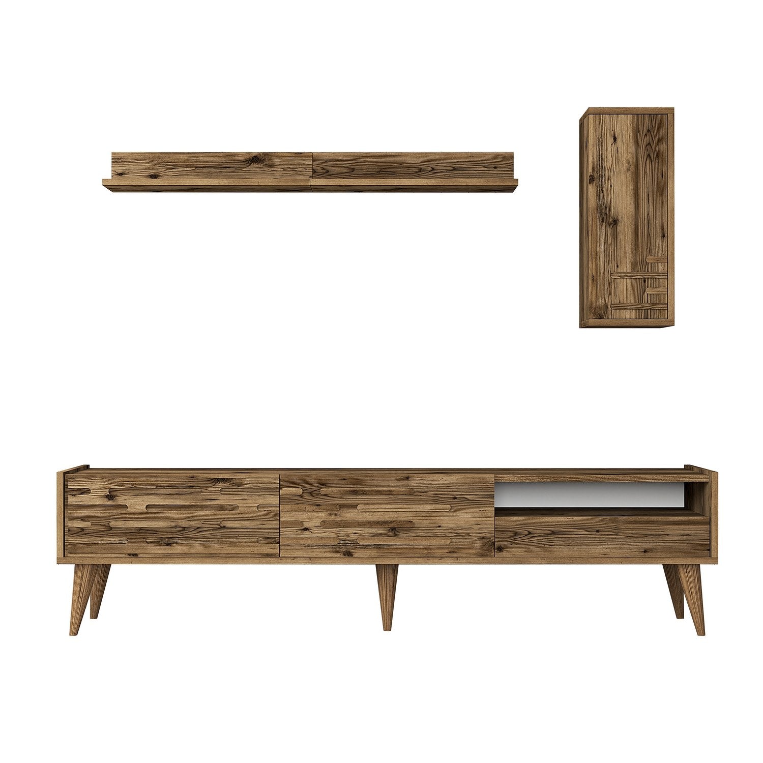 Móvel de TV elegante em nogueira com prateleira de parede e armário, 100% revestido em melamina, 180 cm de largura | Design durável e funcional com amplo espaço de armazenamento e pernas de plástico