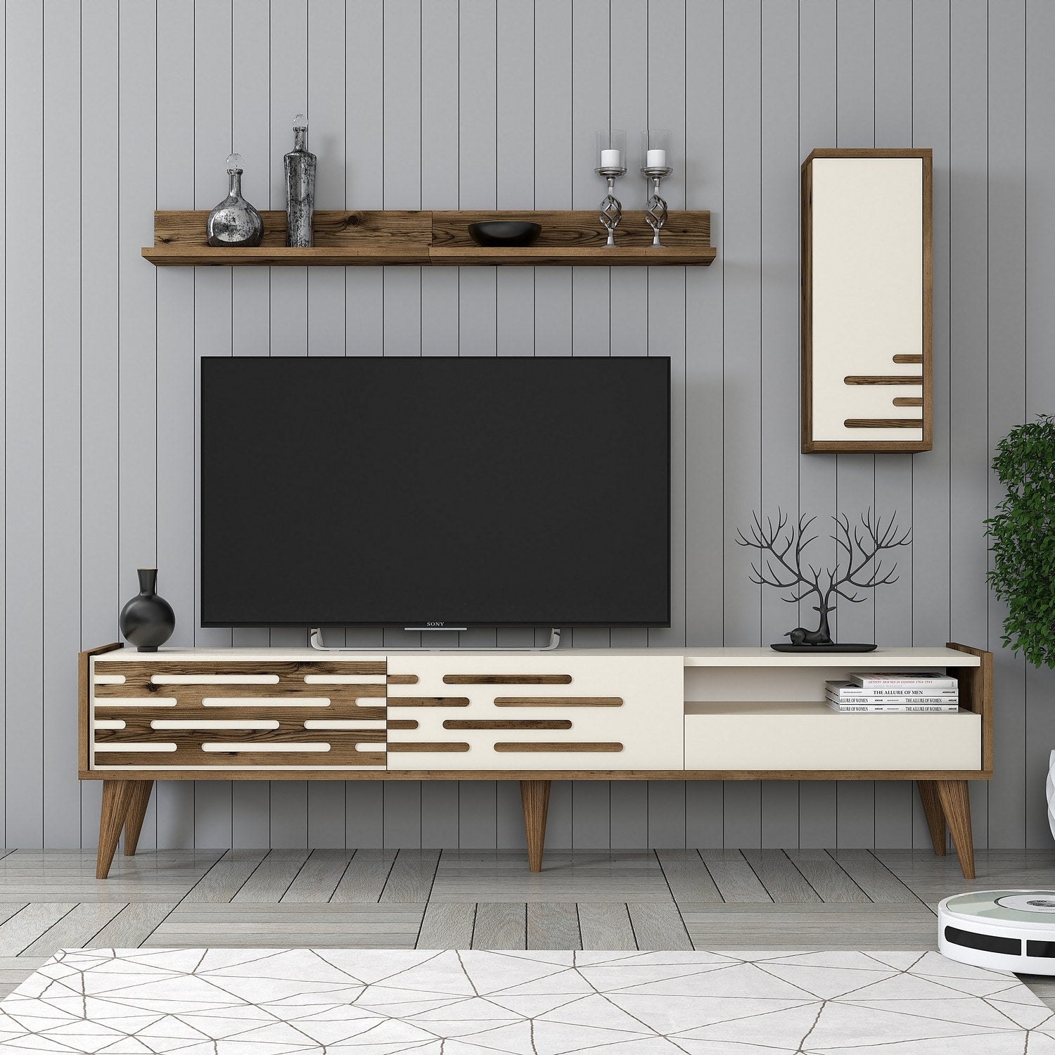 Móvel de TV elegante com prateleira de parede e armário, nogueira e creme, 180 cm | 100% revestido em melamina, 18 mm de espessura | Amplo espaço de armazenamento e design moderno para sala de estar