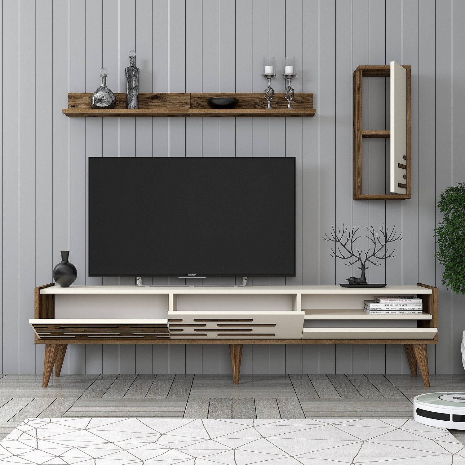 Móvel de TV elegante com prateleira de parede e armário, nogueira e creme, 180 cm | 100% revestido em melamina, 18 mm de espessura | Amplo espaço de armazenamento e design moderno para sala de estar