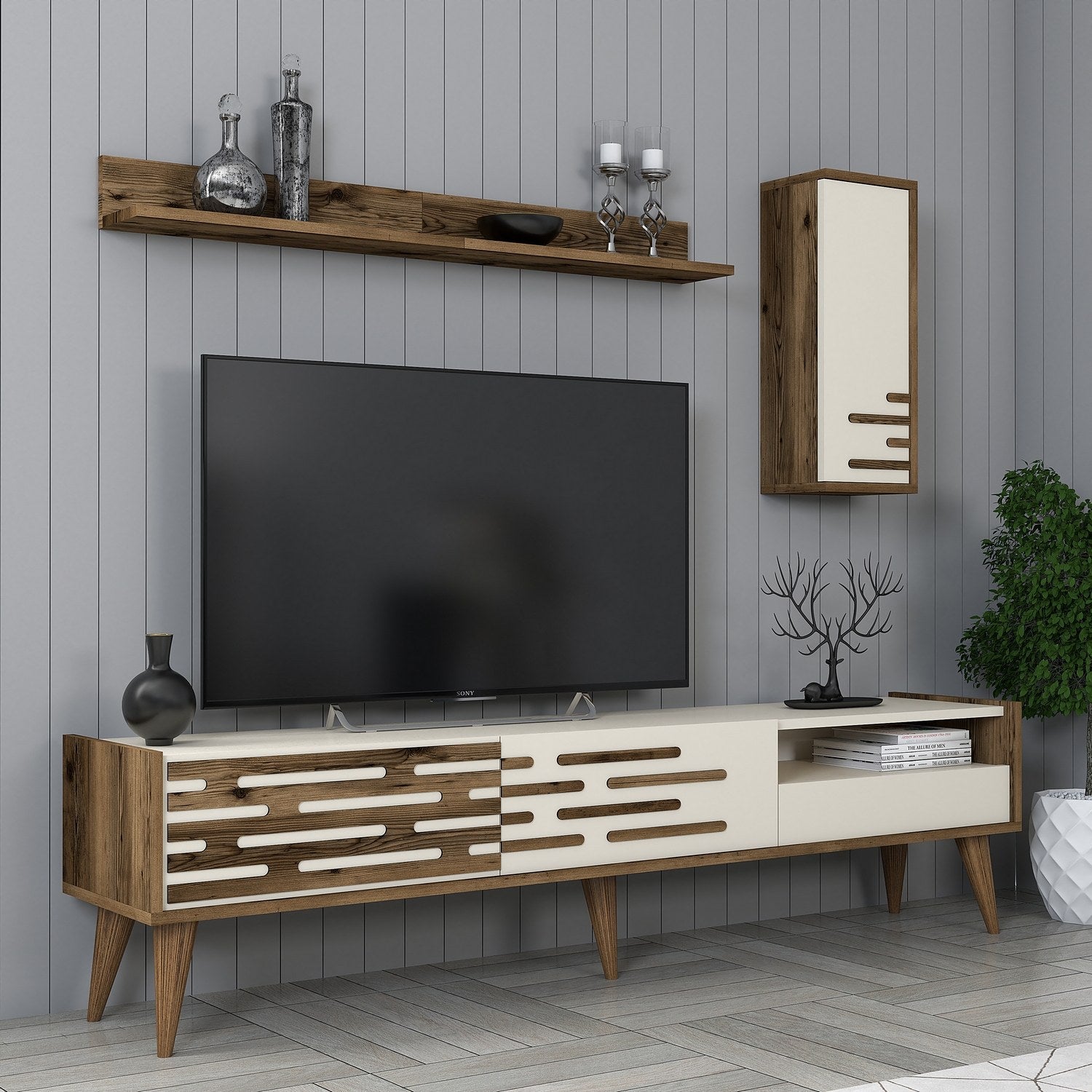Móvel de TV elegante com prateleira de parede e armário, nogueira e creme, 180 cm | 100% revestido em melamina, 18 mm de espessura | Amplo espaço de armazenamento e design moderno para sala de estar
