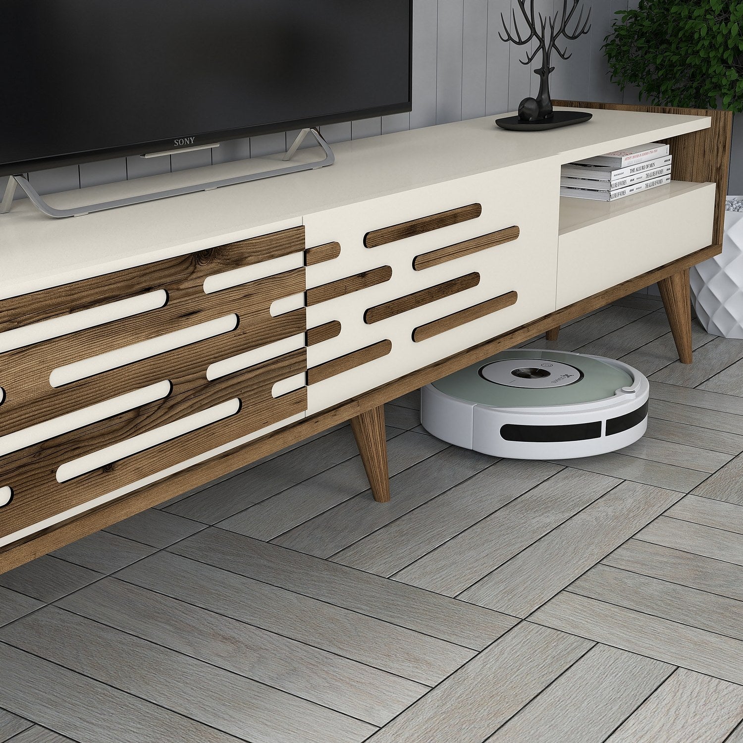 Móvel de TV elegante com prateleira de parede e armário, nogueira e creme, 180 cm | 100% revestido em melamina, 18 mm de espessura | Amplo espaço de armazenamento e design moderno para sala de estar