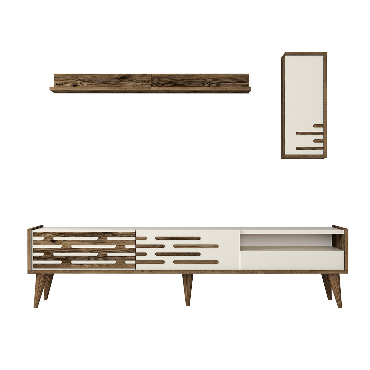 Móvel de TV elegante com prateleira de parede e armário, nogueira e creme, 180 cm | 100% revestido em melamina, 18 mm de espessura | Amplo espaço de armazenamento e design moderno para sala de estar