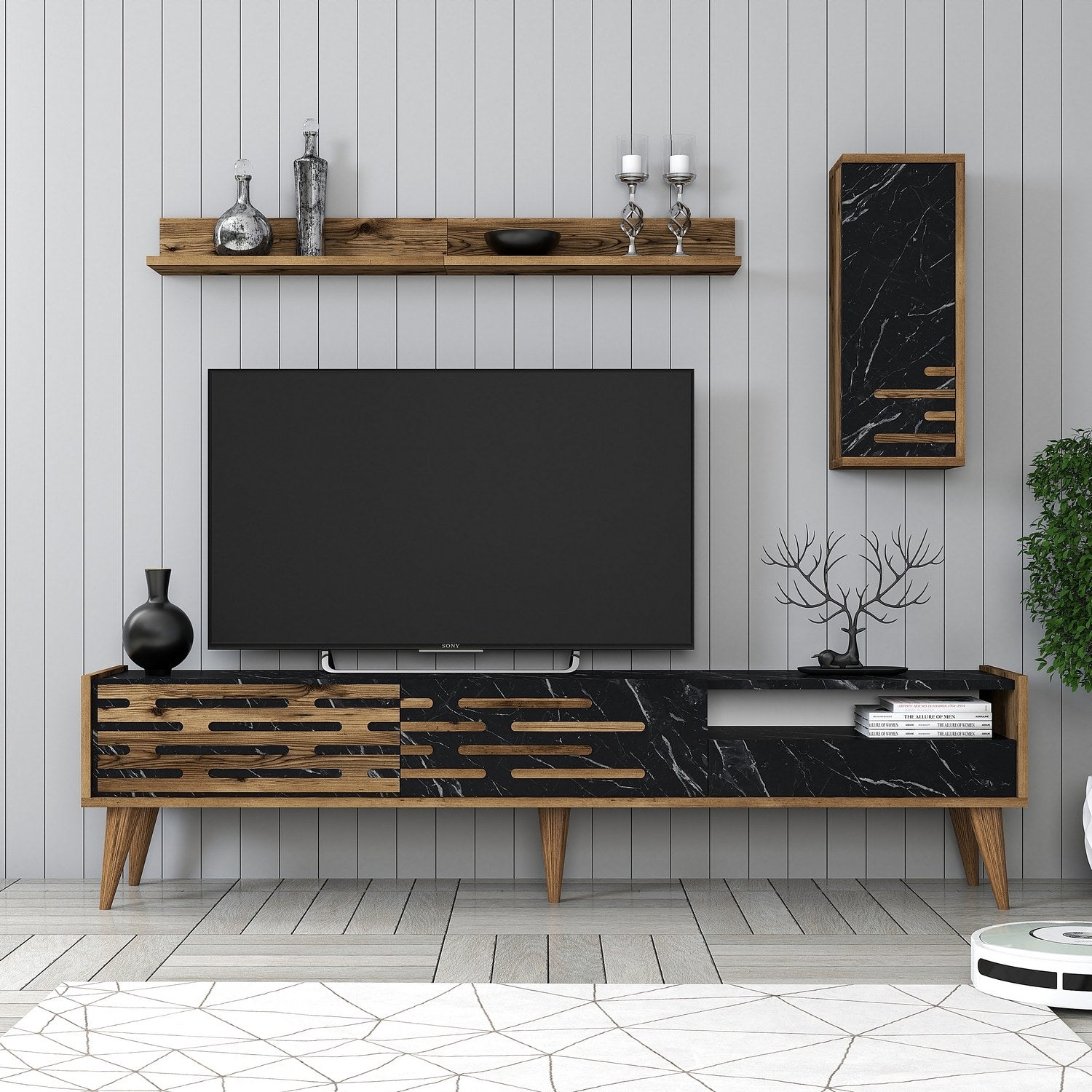 Móvel de TV elegante com prateleira de parede e armário, nogueira/preto/mármore, 180x35x45 cm | 100% revestido em melamina, 18 mm de espessura | Amplo espaço de armazenamento e design moderno
