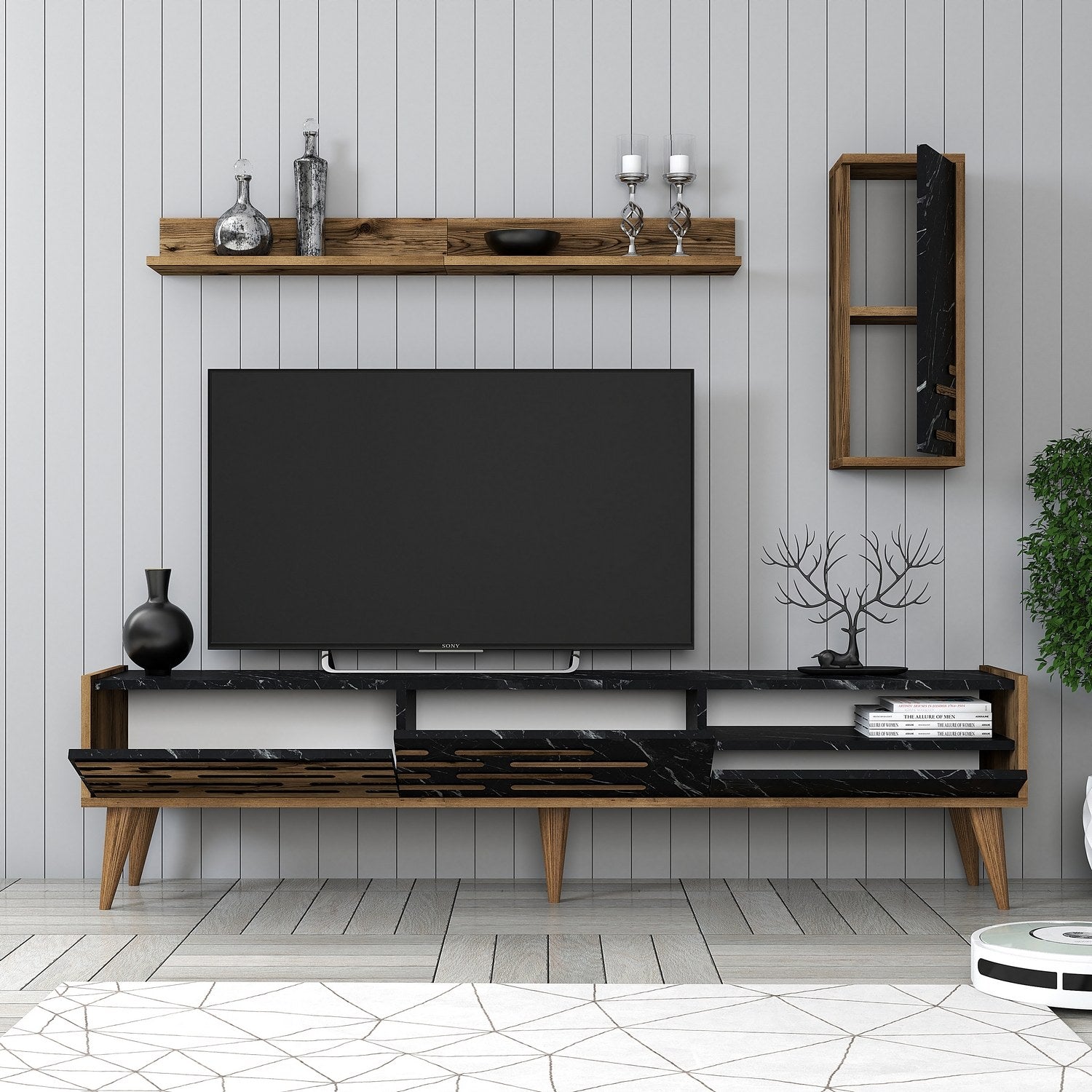Móvel de TV elegante com prateleira de parede e armário, nogueira/preto/mármore, 180x35x45 cm | 100% revestido em melamina, 18 mm de espessura | Amplo espaço de armazenamento e design moderno