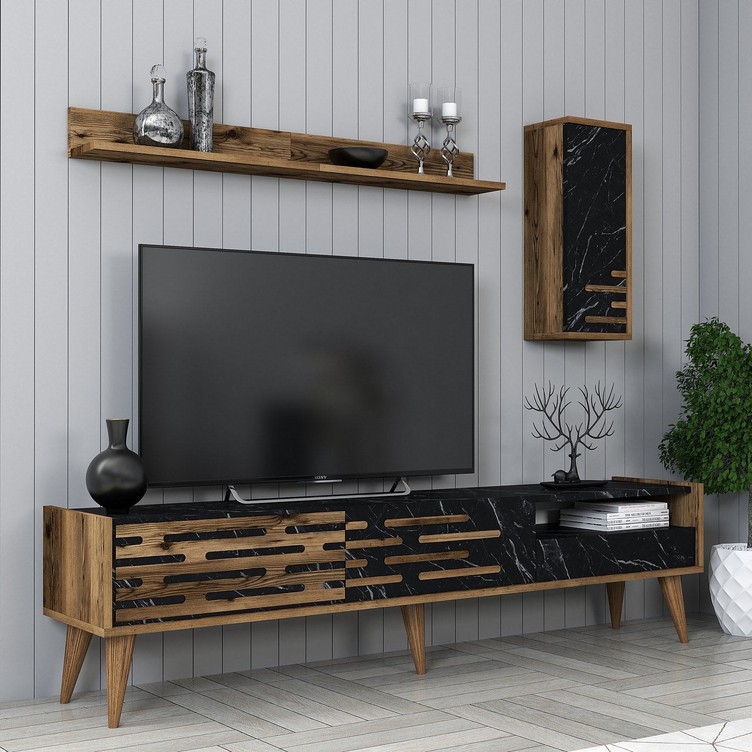 Móvel de TV elegante com prateleira de parede e armário, nogueira/preto/mármore, 180x35x45 cm | 100% revestido em melamina, 18 mm de espessura | Amplo espaço de armazenamento e design moderno