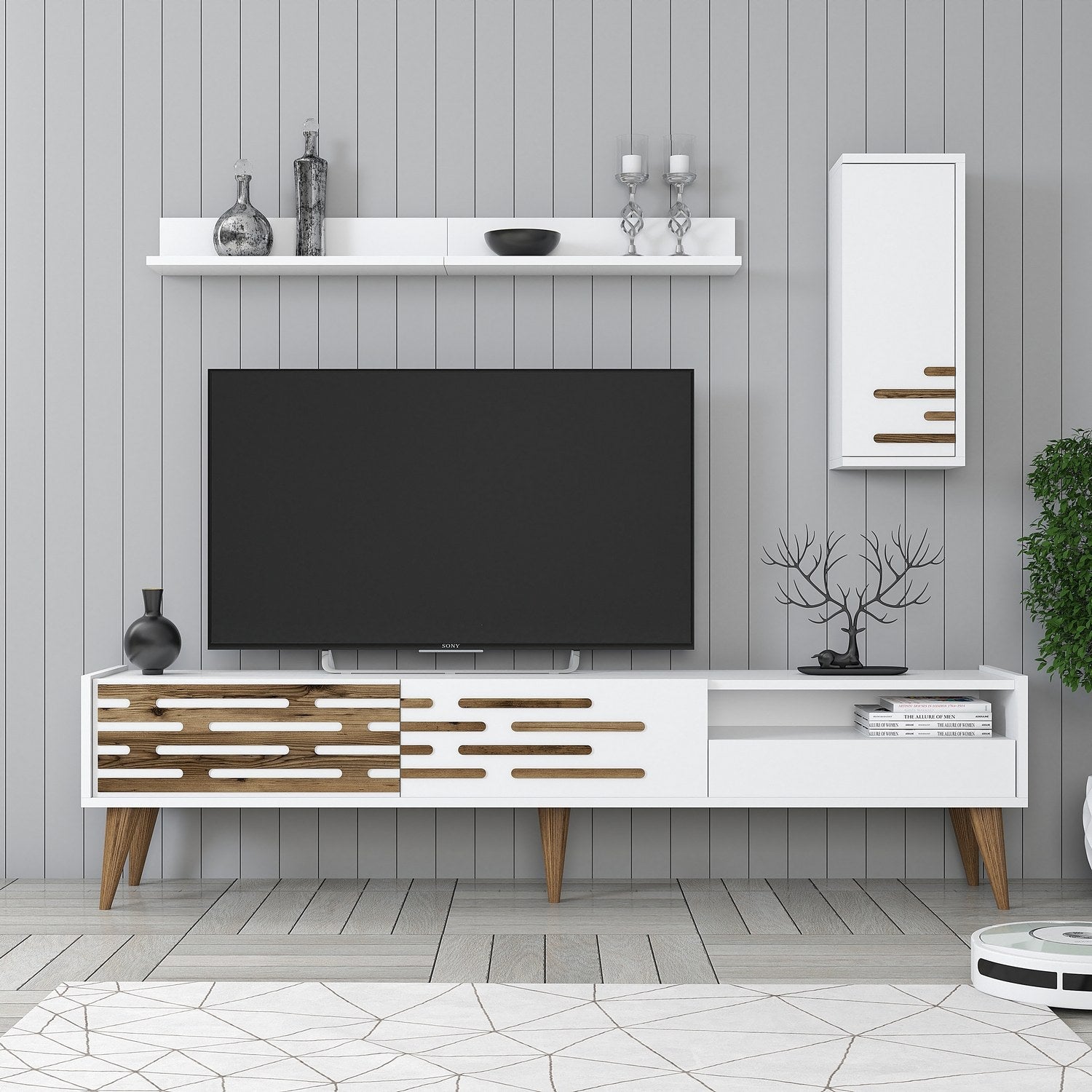 Móvel de TV moderno branco com prateleira de parede e armário, 100% revestido em melamina, 180 cm de largura | Solução de armazenamento elegante para salas de estar e espaços de entretenimento