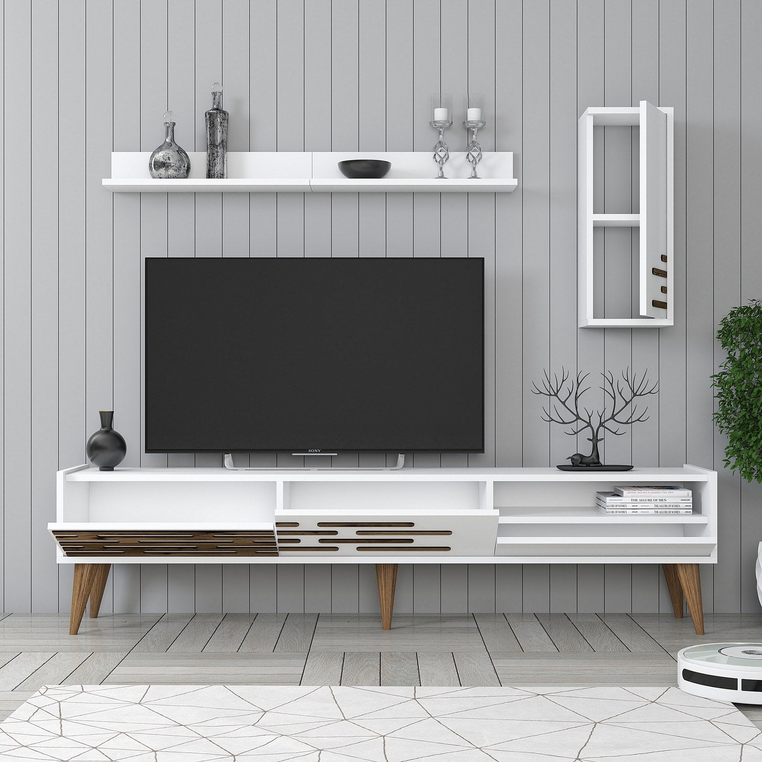Móvel de TV moderno branco com prateleira de parede e armário, 100% revestido em melamina, 180 cm de largura | Solução de armazenamento elegante para salas de estar e espaços de entretenimento
