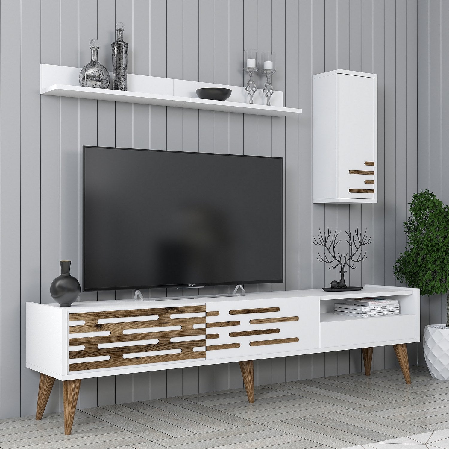 Móvel de TV moderno branco com prateleira de parede e armário, 100% revestido em melamina, 180 cm de largura | Solução de armazenamento elegante para salas de estar e espaços de entretenimento