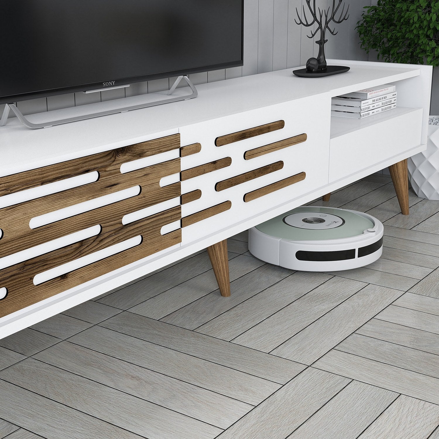 Móvel de TV moderno branco com prateleira de parede e armário, 100% revestido em melamina, 180 cm de largura | Solução de armazenamento elegante para salas de estar e espaços de entretenimento