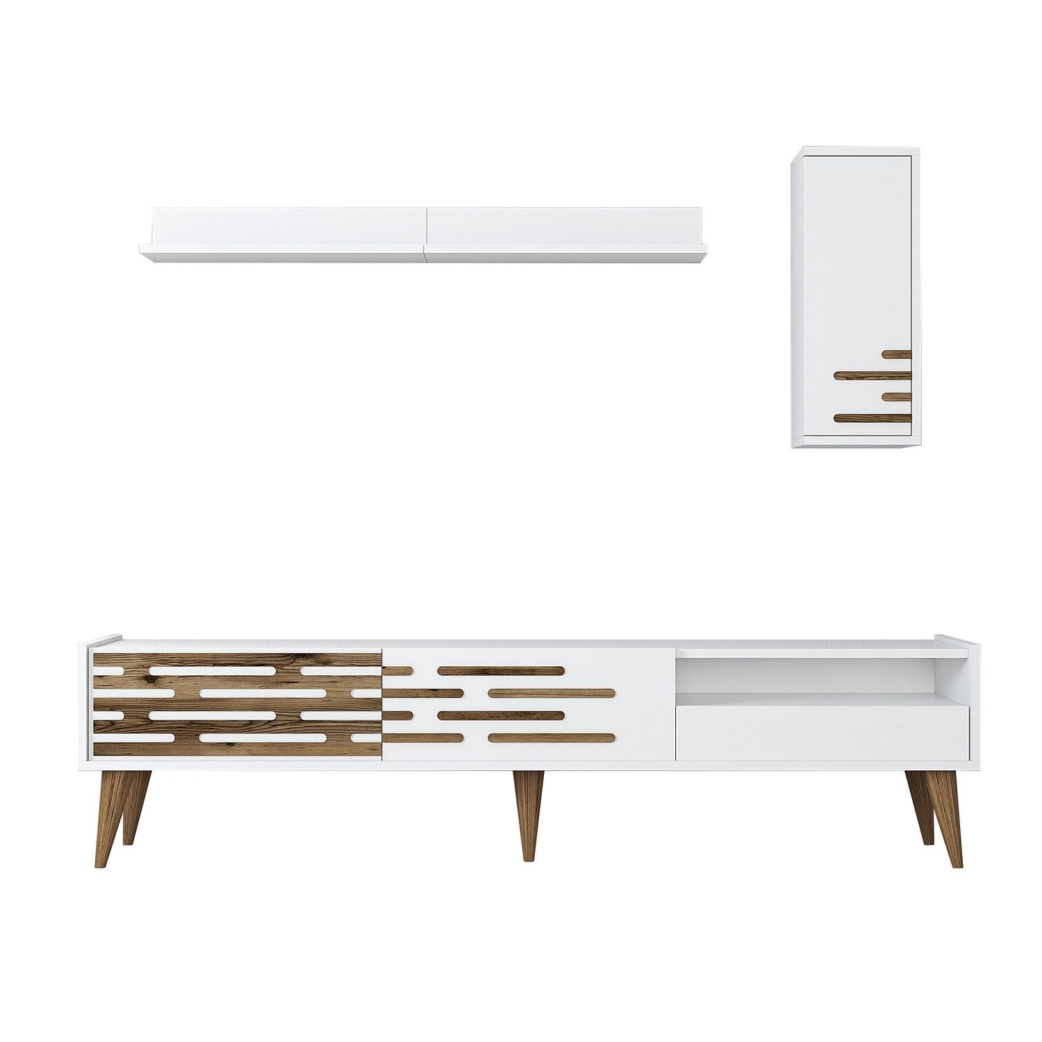 Móvel de TV moderno branco com prateleira de parede e armário, 100% revestido em melamina, 180 cm de largura | Solução de armazenamento elegante para salas de estar e espaços de entretenimento