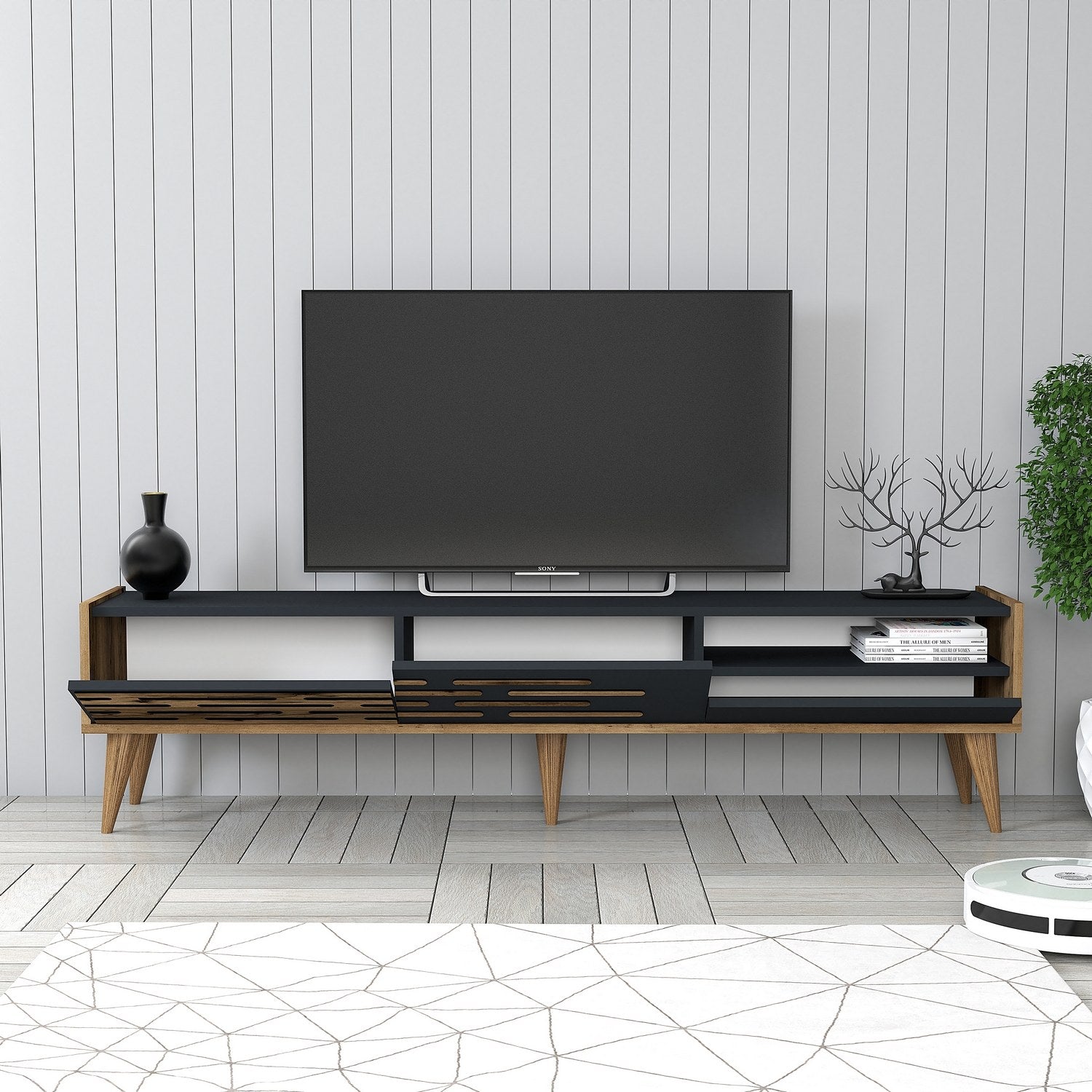 Suporte de TV elegante, nogueira e antracite, 180 x 35 x 45 cm | Painel de partículas 100% revestido de melamina, 18 mm de espessura | Várias prateleiras e armazenamento, design moderno
