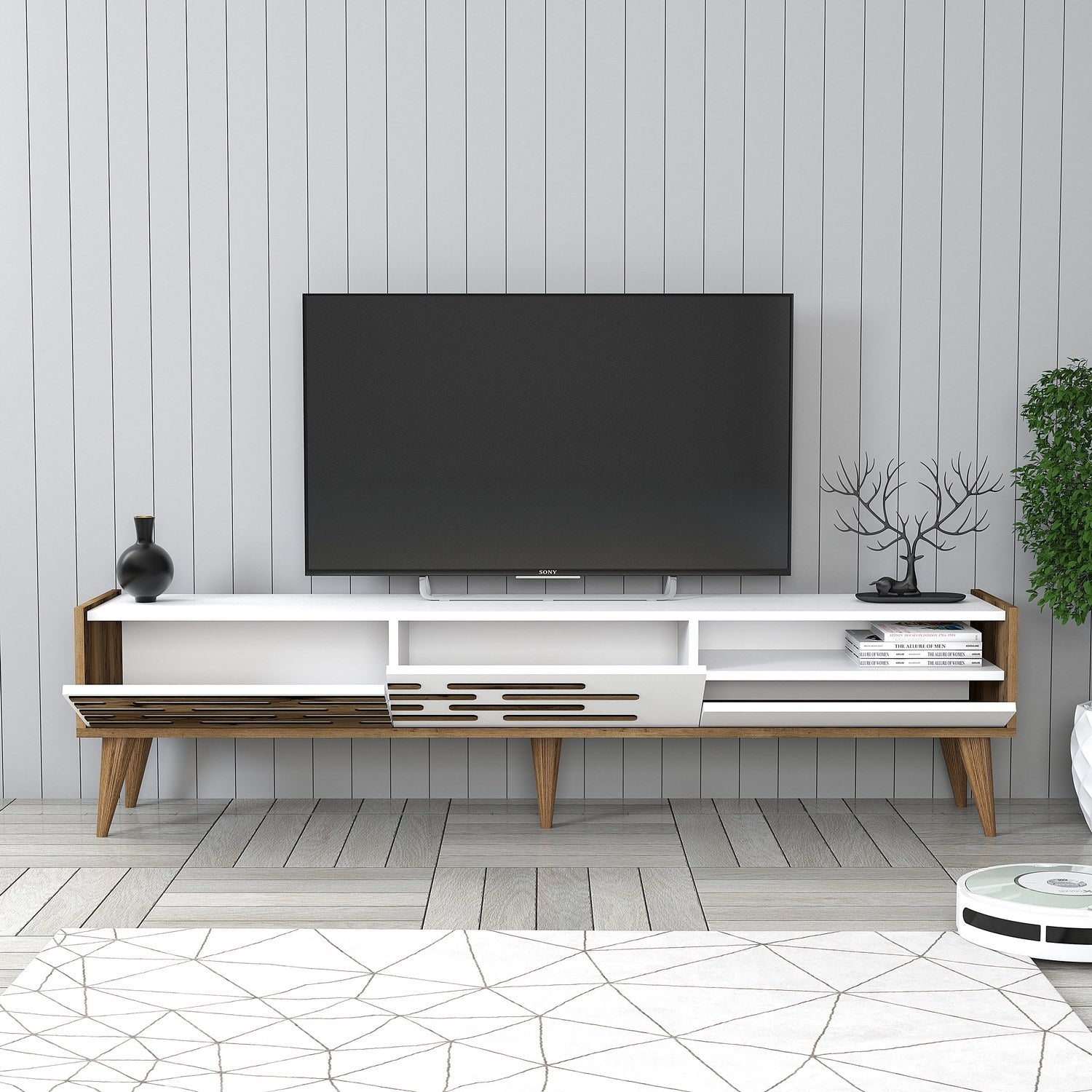 Suporte de TV elegante, nogueira e branco, 180 x 35 x 45 cm | Painel de partículas 100% revestido de melamina, 18 mm de espessura | Várias prateleiras e armazenamento, design moderno