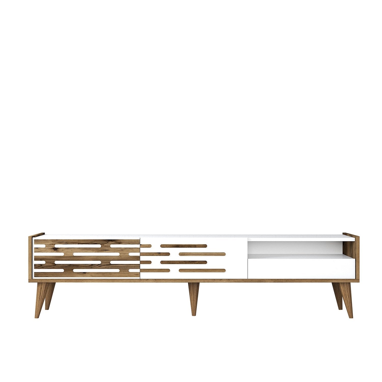 Suporte de TV elegante, nogueira e branco, 180 x 35 x 45 cm | Painel de partículas 100% revestido de melamina, 18 mm de espessura | Várias prateleiras e armazenamento, design moderno
