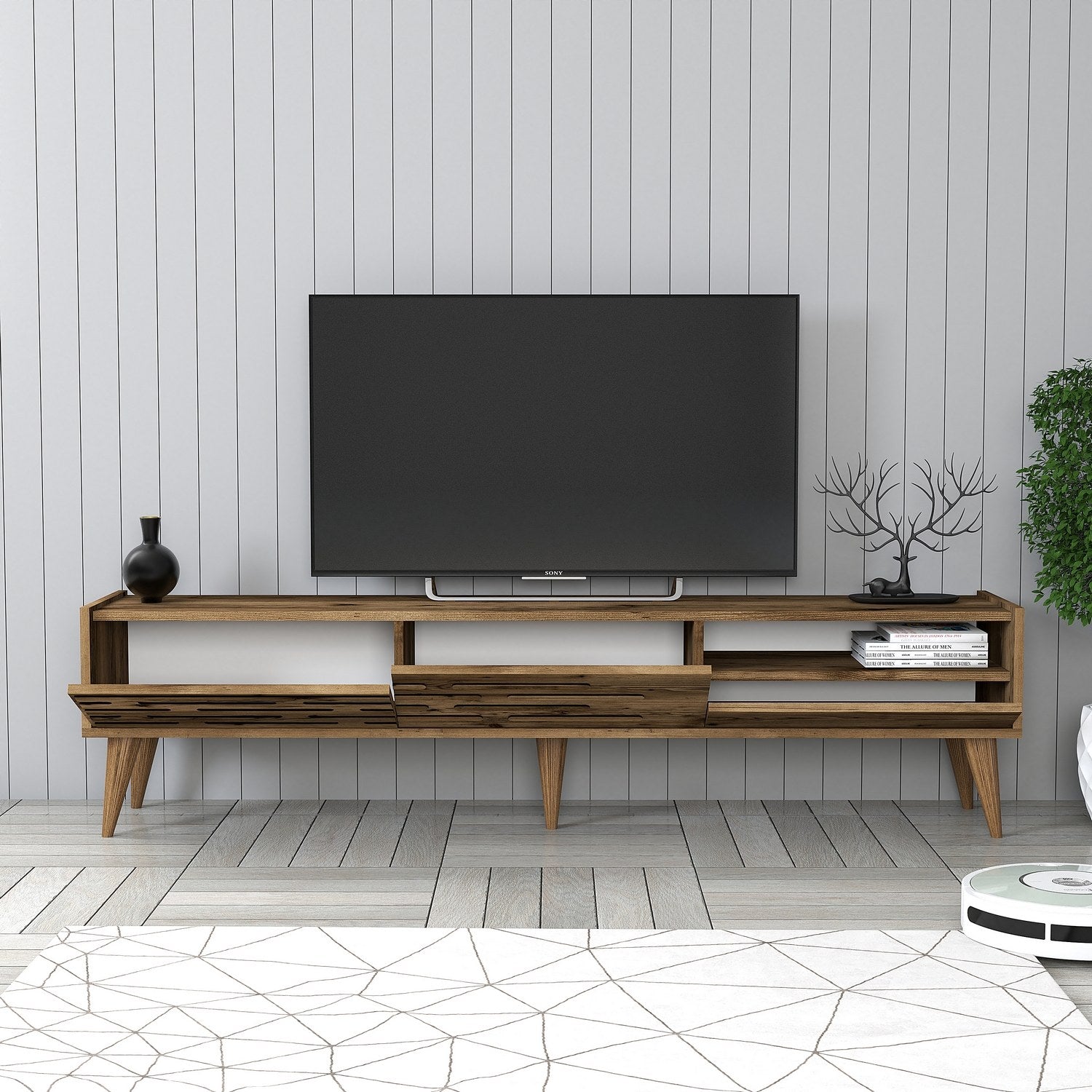 Suporte de TV elegante em nogueira, 180 cm x 35 cm x 45 cm | Painel de partículas 100% revestido em melamina, 18 mm de espessura | Várias prateleiras e armazenamento, alças e pernas de plástico