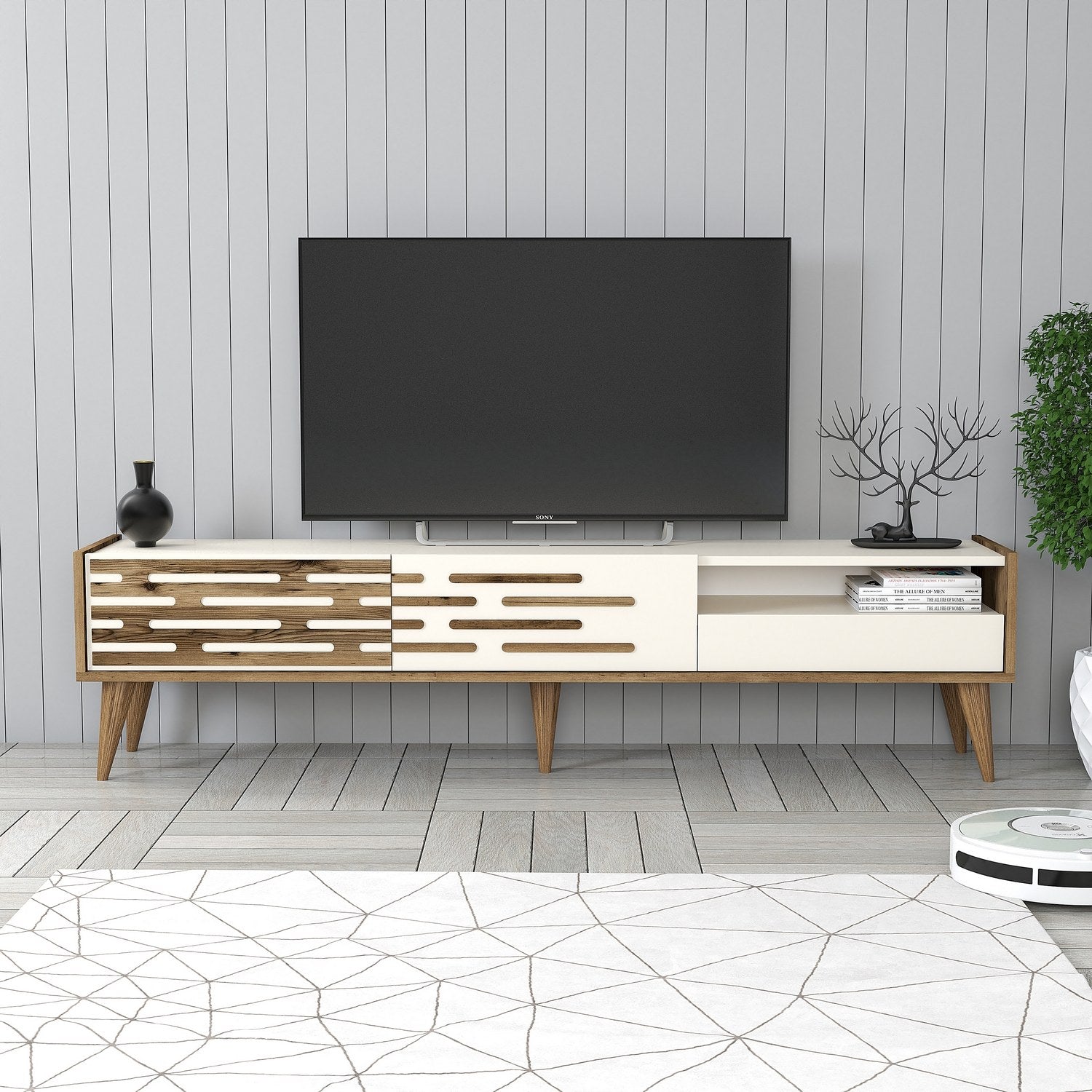 Suporte de TV elegante, nogueira e creme, 180 x 35 x 45 cm | Painel de partículas 100% revestido de melamina, 18 mm de espessura | Várias prateleiras e armazenamento, design moderno