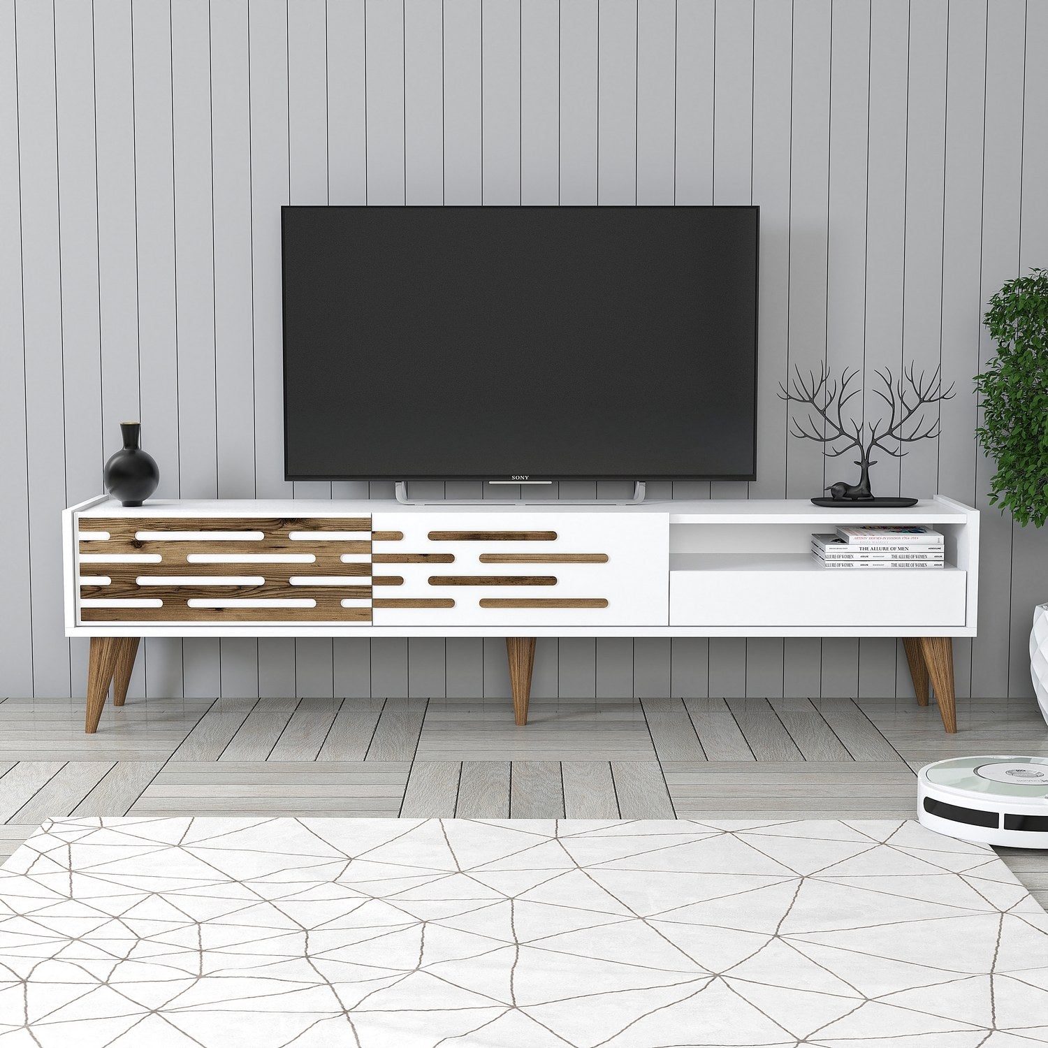 Suporte de TV elegante, branco, 180 cm x 35 cm x 45 cm | Painel de partículas 100% revestido em melamina, 18 mm de espessura | Várias prateleiras e espaço de armazenamento, design moderno
