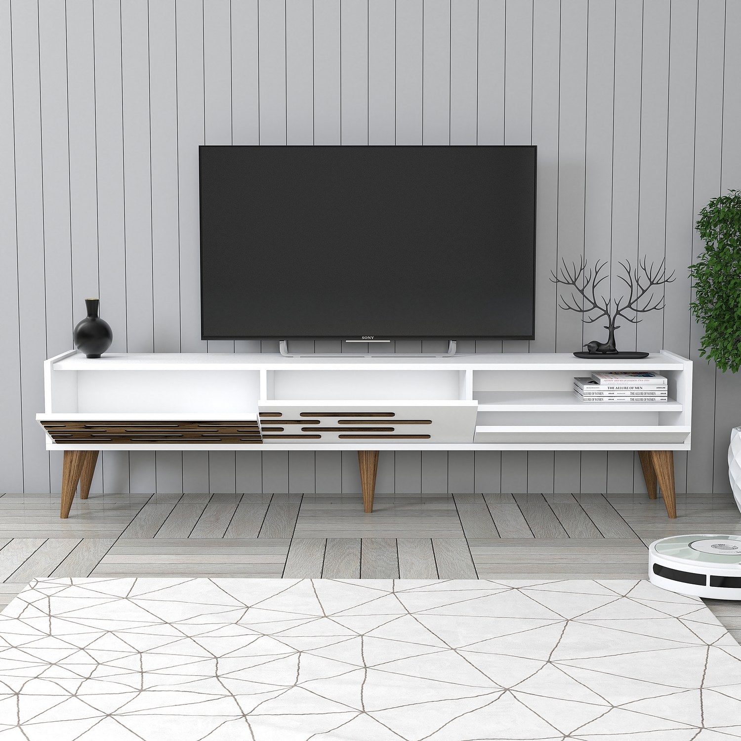 Suporte de TV elegante, branco, 180 cm x 35 cm x 45 cm | Painel de partículas 100% revestido em melamina, 18 mm de espessura | Várias prateleiras e espaço de armazenamento, design moderno