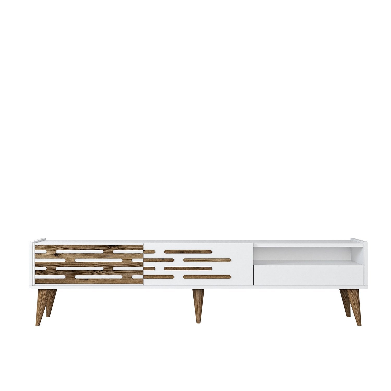 Suporte de TV elegante, branco, 180 cm x 35 cm x 45 cm | Painel de partículas 100% revestido em melamina, 18 mm de espessura | Várias prateleiras e espaço de armazenamento, design moderno