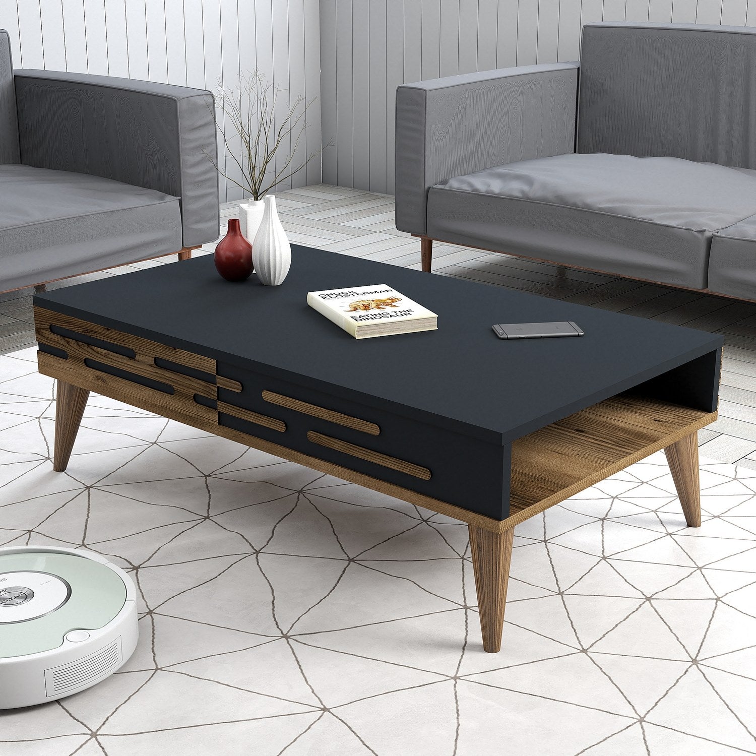 Mesa de Centro Elegante, Nogueira e Antracite, 105 x 60 x 34,6 cm | Painel de Partículas 100% Revestido com Melamina, 18 mm de Espessura | Design Moderno para Sala de Estar