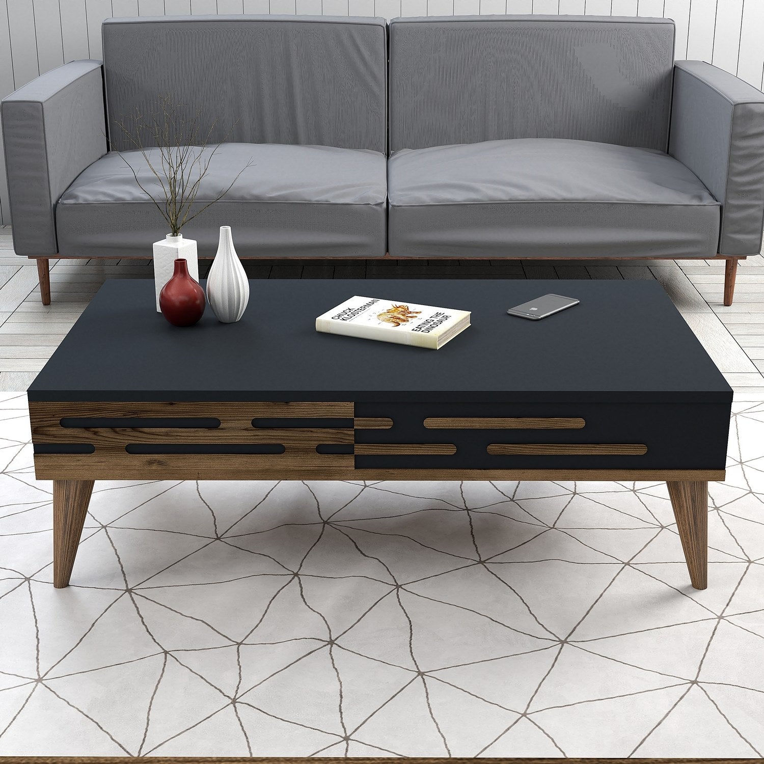Mesa de Centro Elegante, Nogueira e Antracite, 105 x 60 x 34,6 cm | Painel de Partículas 100% Revestido com Melamina, 18 mm de Espessura | Design Moderno para Sala de Estar