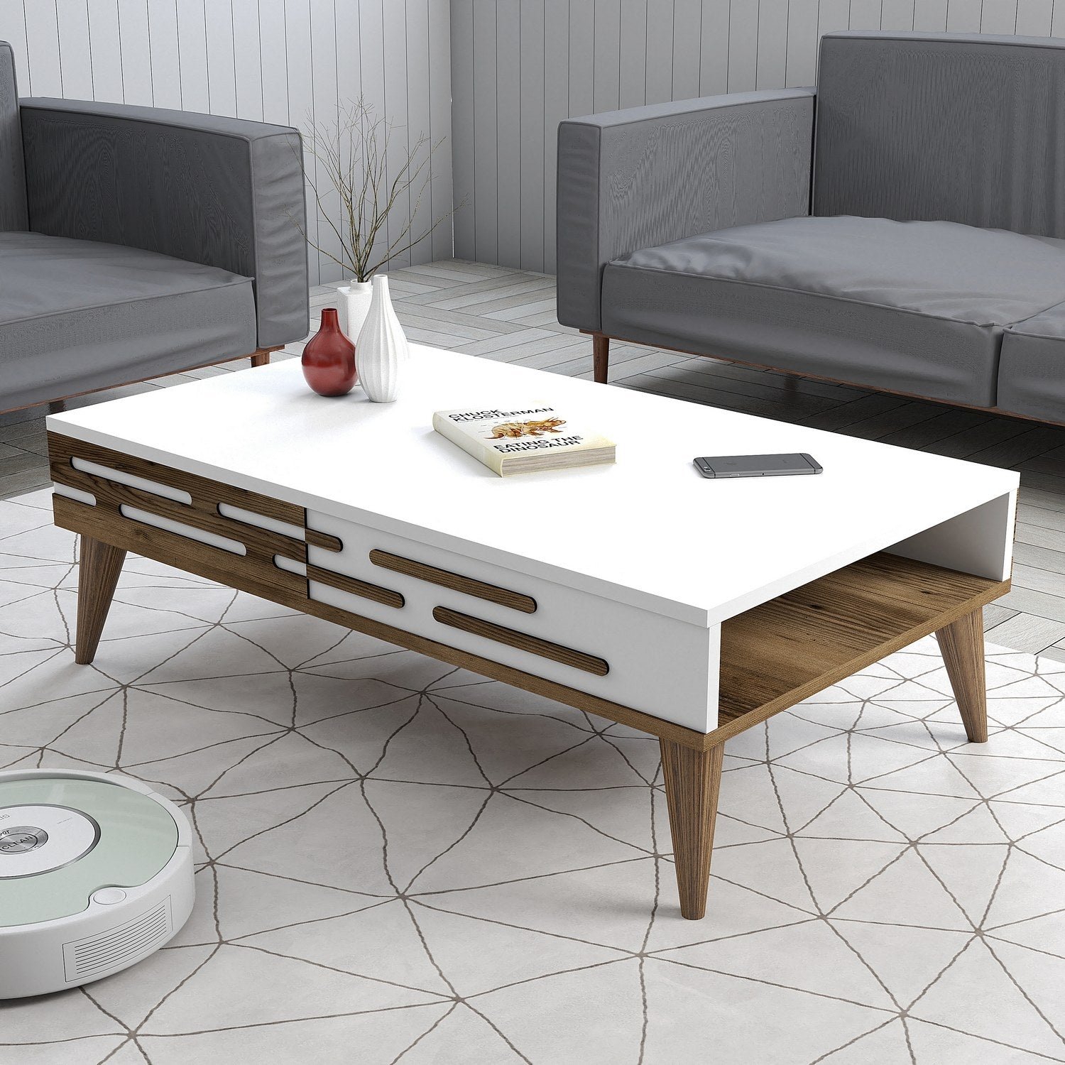 Mesa de Centro Elegante, Nogueira e Branco, 105 x 60 x 34,6 cm | Painel de Partículas 100% Revestido com Melamina, 18 mm de Espessura | Design Moderno para Sala de Estar e Escritório