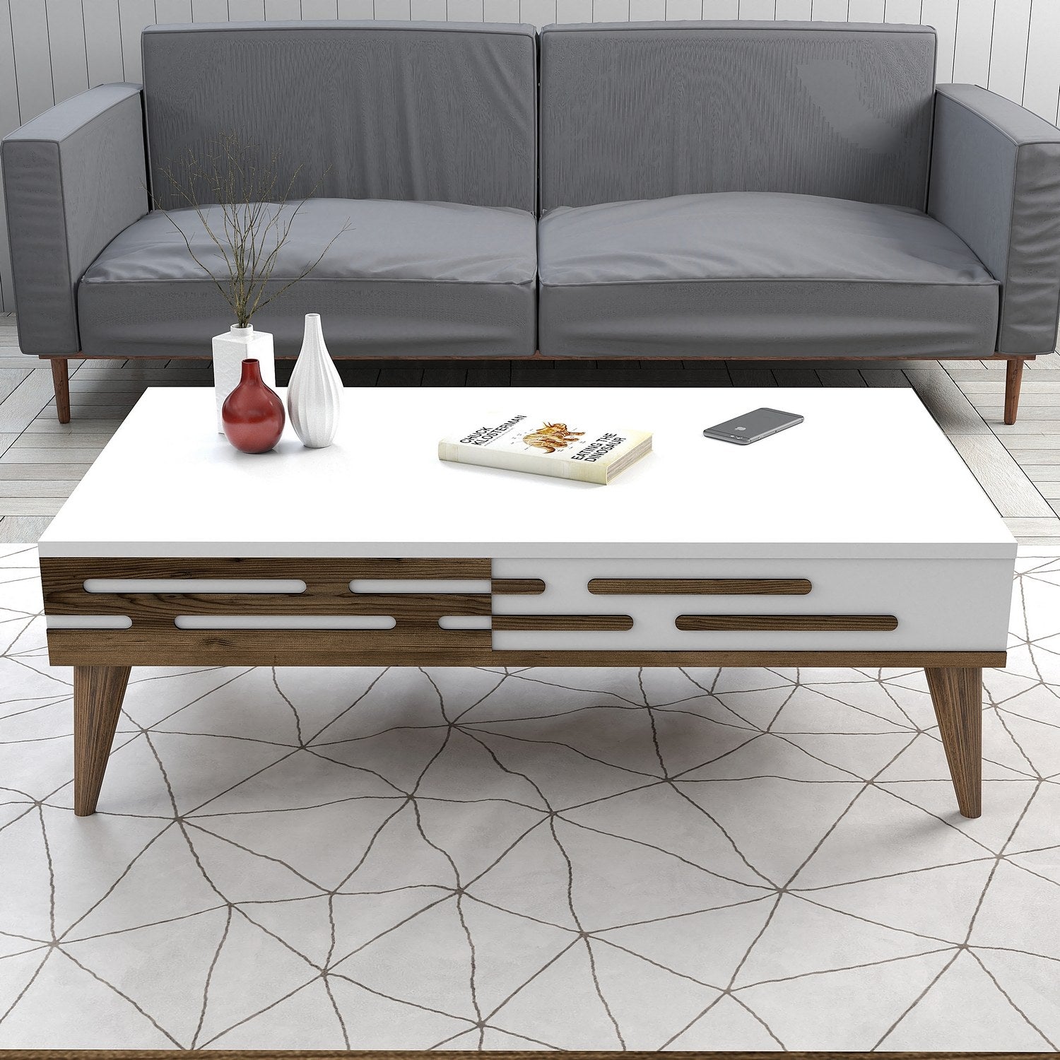 Mesa de Centro Elegante, Nogueira e Branco, 105 x 60 x 34,6 cm | Painel de Partículas 100% Revestido com Melamina, 18 mm de Espessura | Design Moderno para Sala de Estar e Escritório