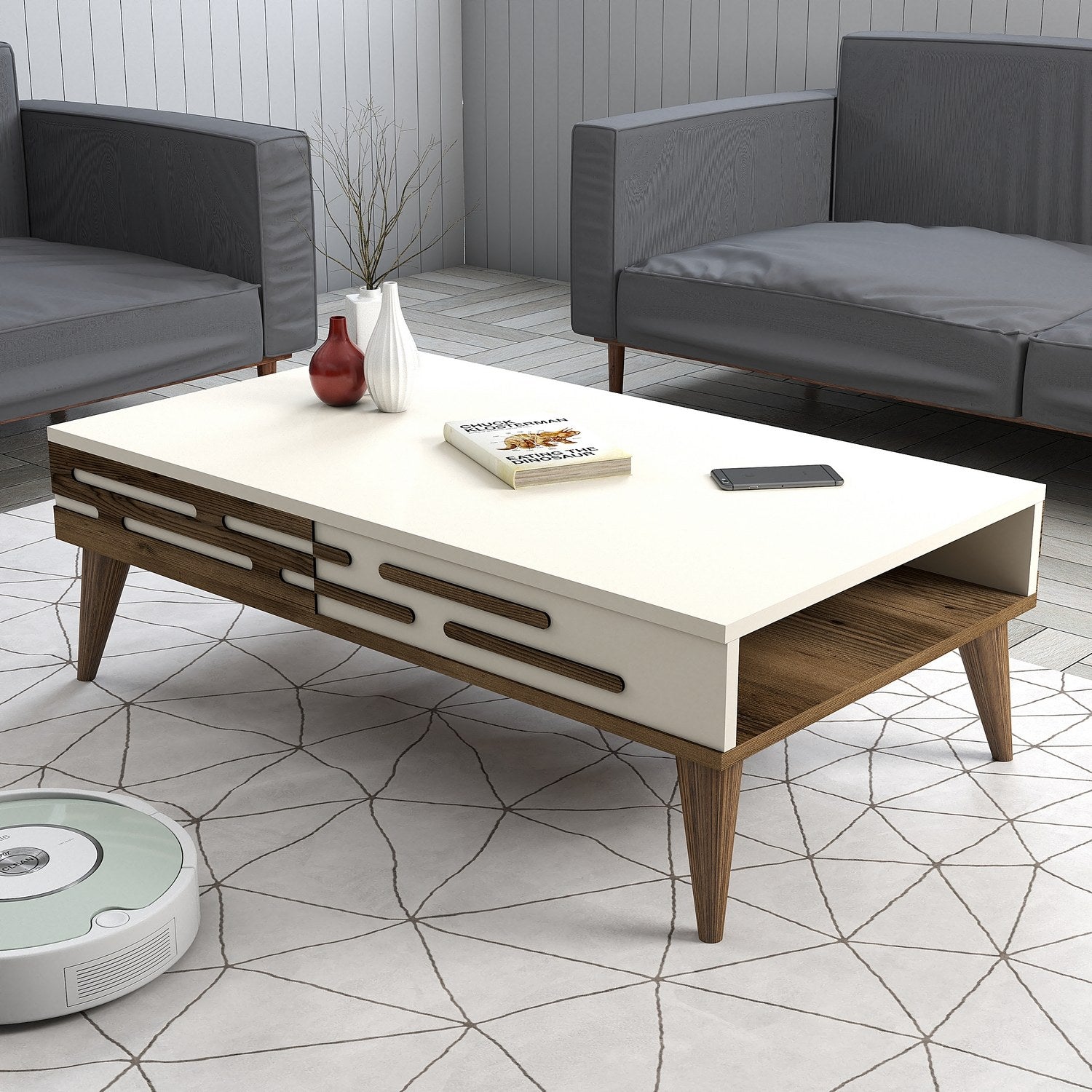 Mesa de Centro – 105 x 60 x 34,6 cm – Nogueira e Creme – Painel de Partículas