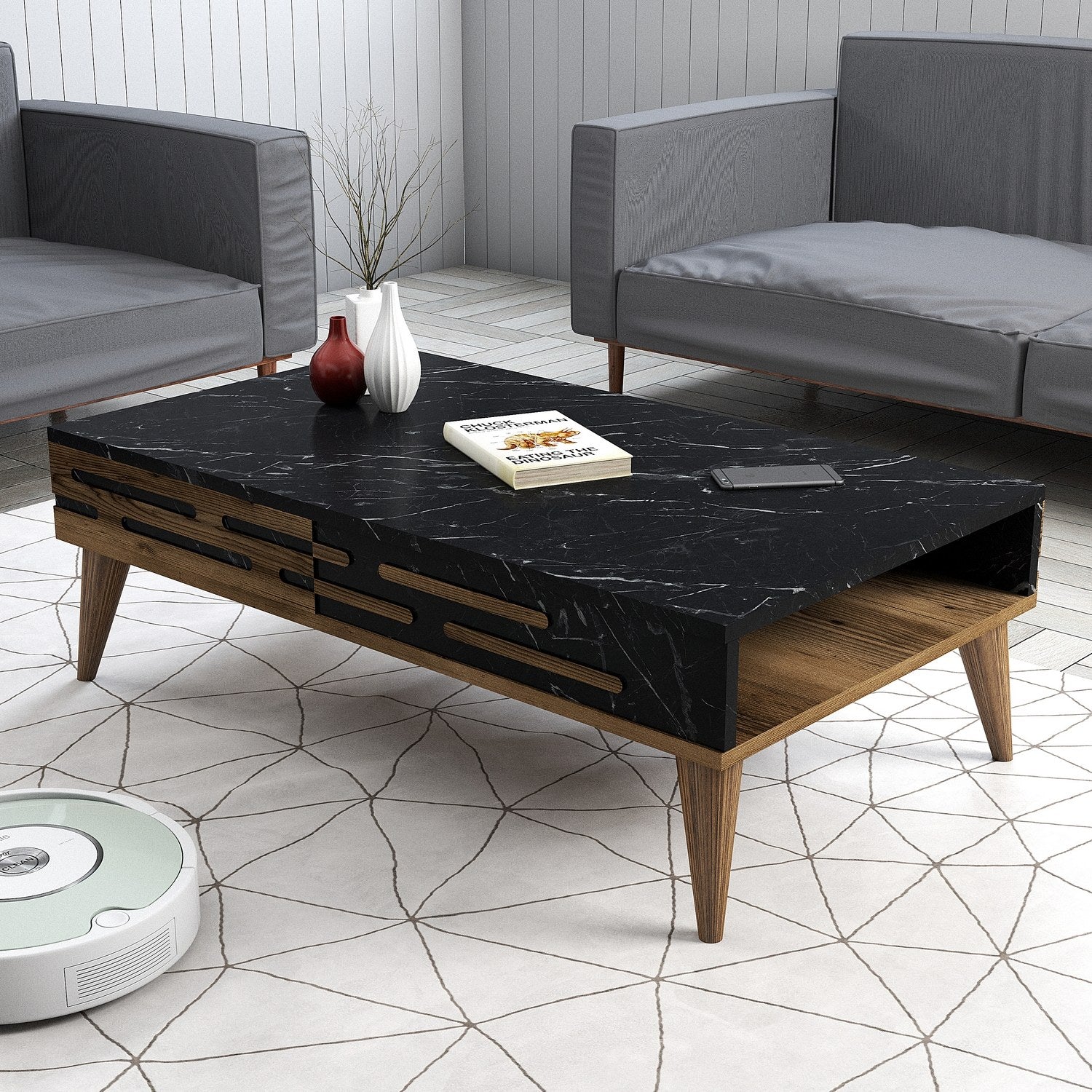 Mesa de Centro – 105 x 60 x 34,6 cm – Nogueira e Preto – Painel de Partículas