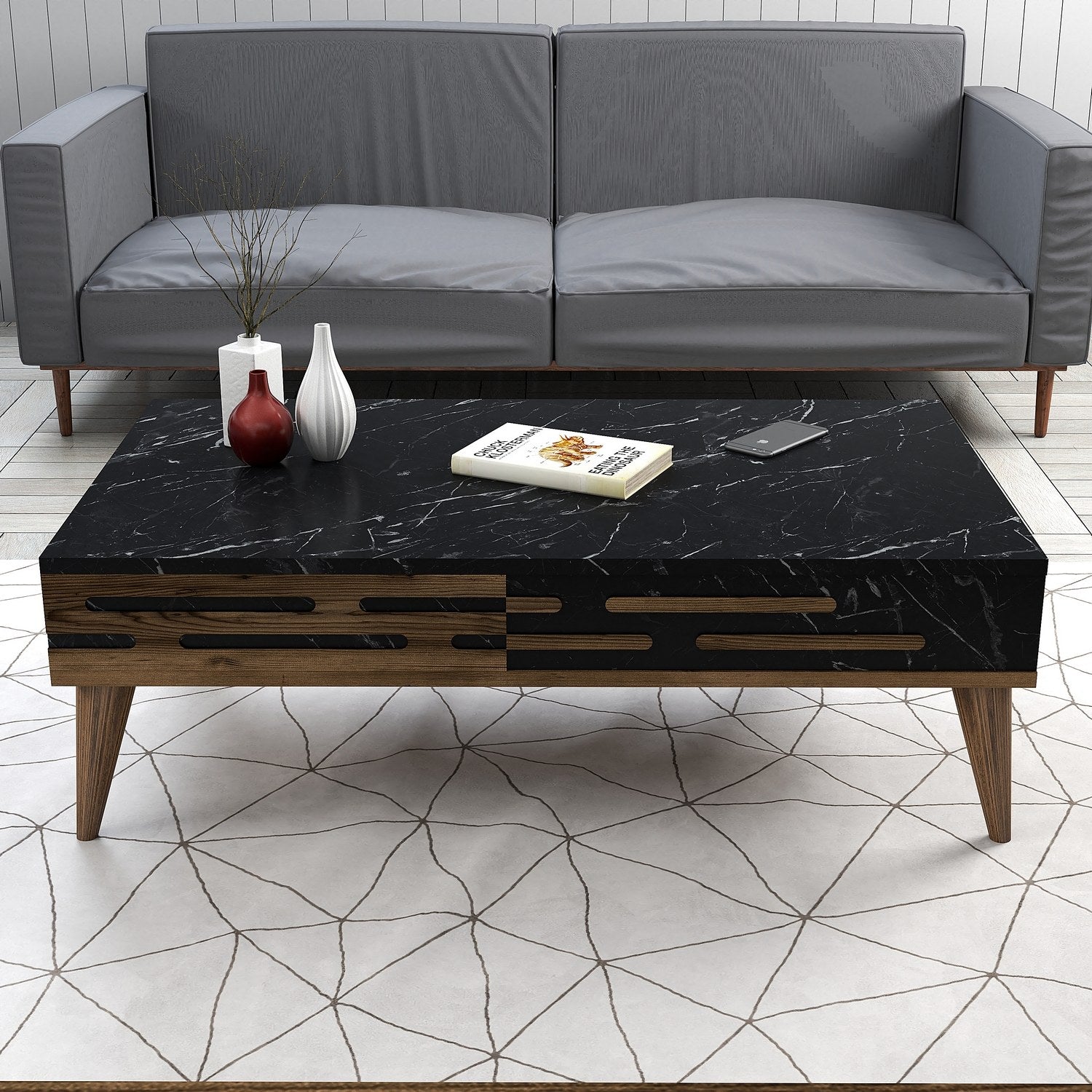 Mesa de Centro – 105 x 60 x 34,6 cm – Nogueira e Preto – Painel de Partículas