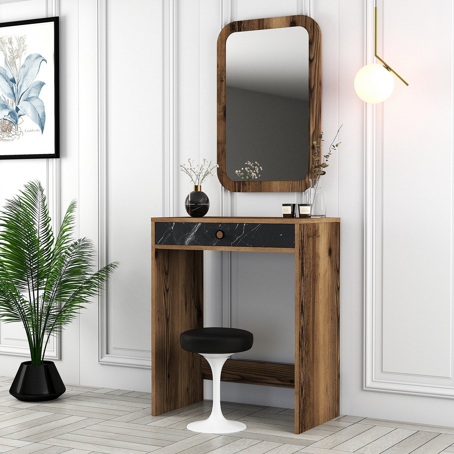 Toucador – 70 x 40 x 84,7 cm – Nogueira, Preto, Mármore – Melamina