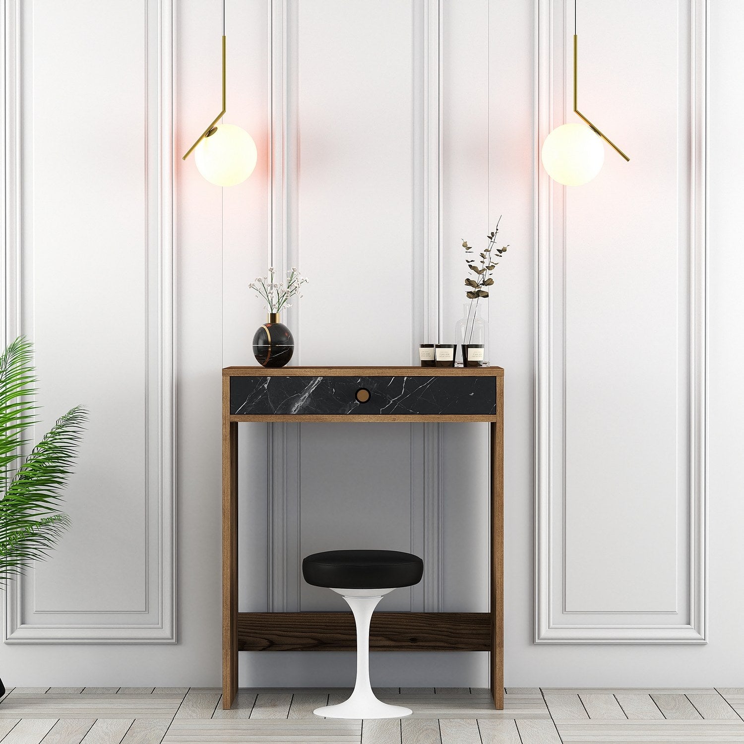 Toucador – 70 cm x 40 cm x 84,7 cm – Nogueira, Preto e Mármore – Melamina