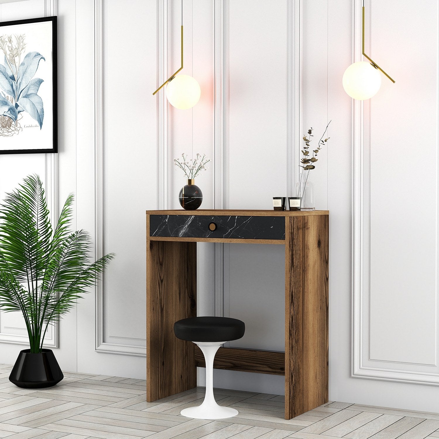 Toucador – 70 cm x 40 cm x 84,7 cm – Nogueira, Preto e Mármore – Melamina