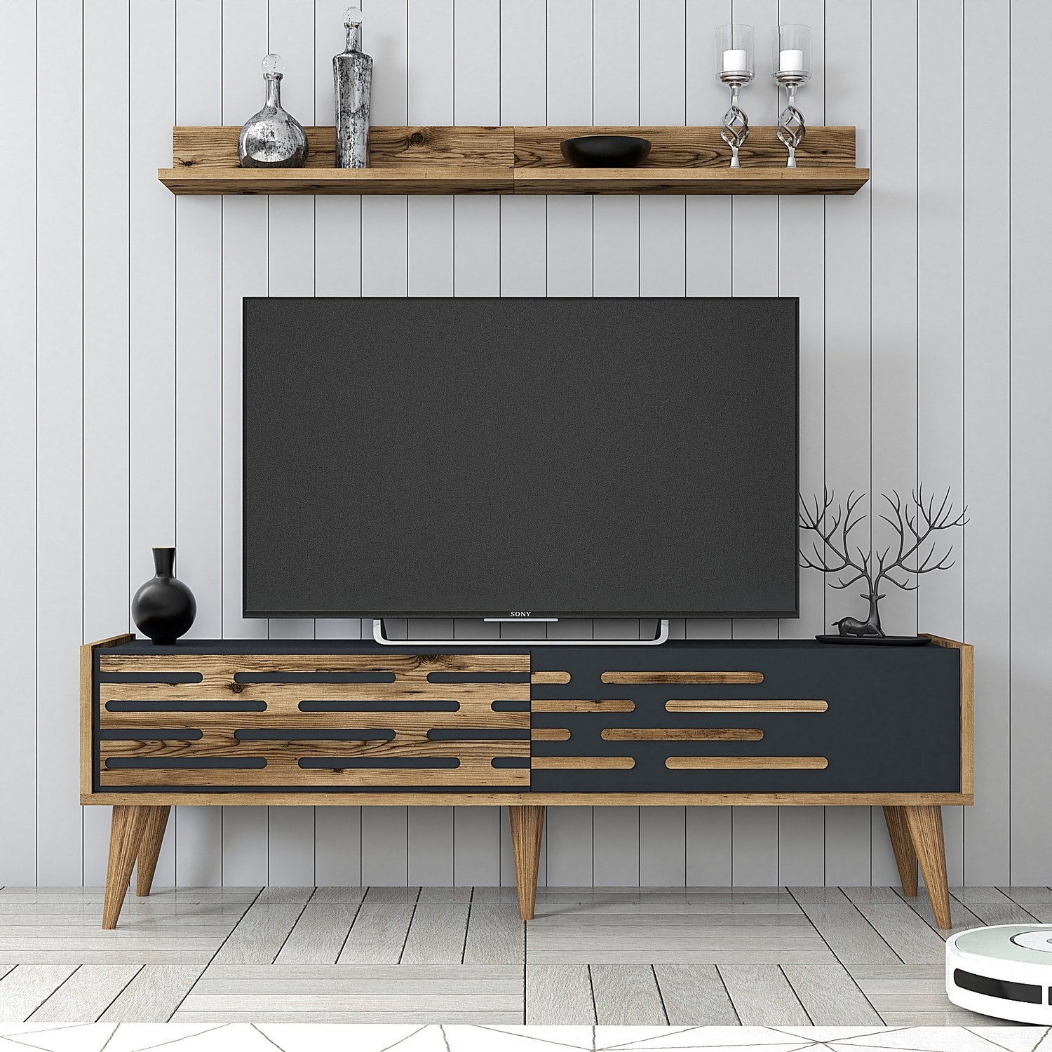 Móvel de TV elegante com prateleira de parede, nogueira e antracite, 140 cm x 35 cm | 100% revestido em melamina, 18 mm de espessura | Amplo espaço de armazenamento e design moderno