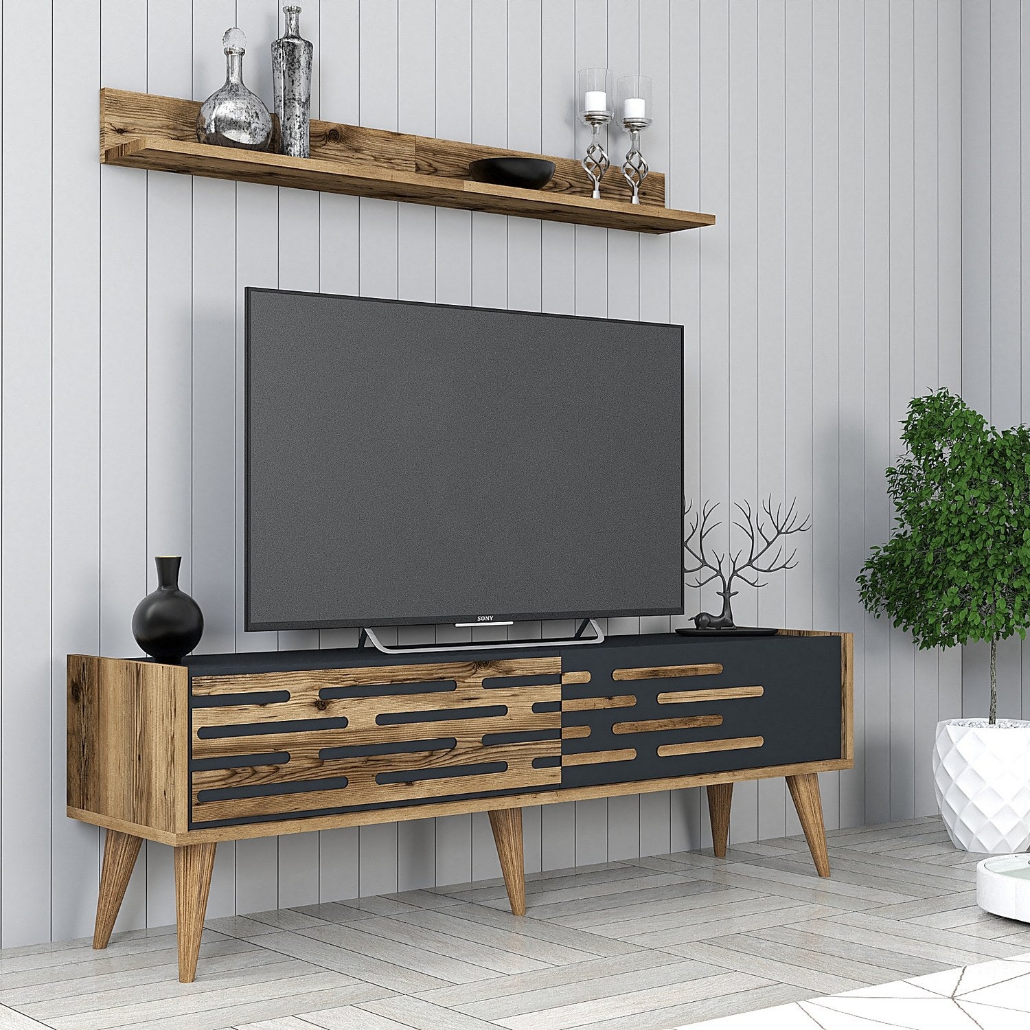 Móvel de TV elegante com prateleira de parede, nogueira e antracite, 140 cm x 35 cm | 100% revestido em melamina, 18 mm de espessura | Amplo espaço de armazenamento e design moderno
