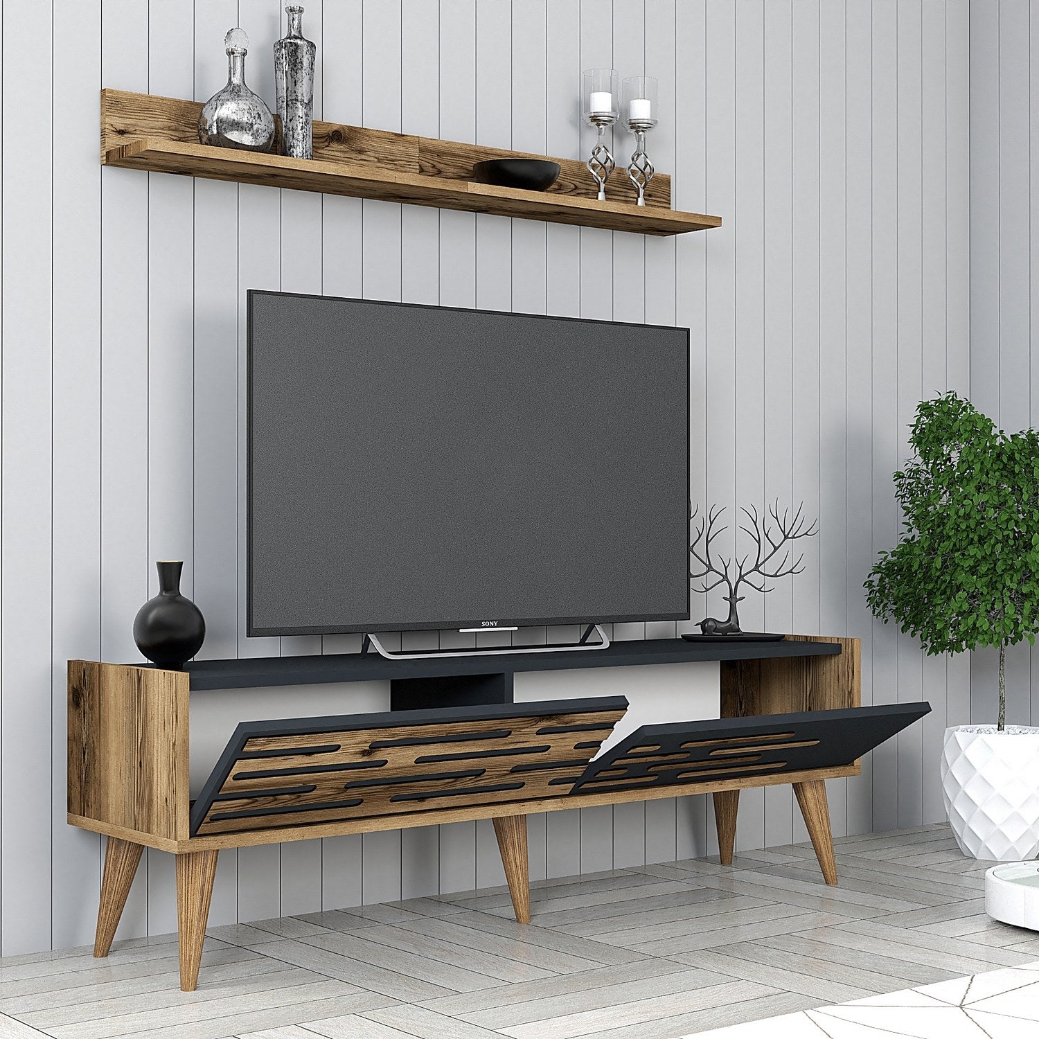 Móvel de TV elegante com prateleira de parede, nogueira e antracite, 140 cm x 35 cm | 100% revestido em melamina, 18 mm de espessura | Amplo espaço de armazenamento e design moderno