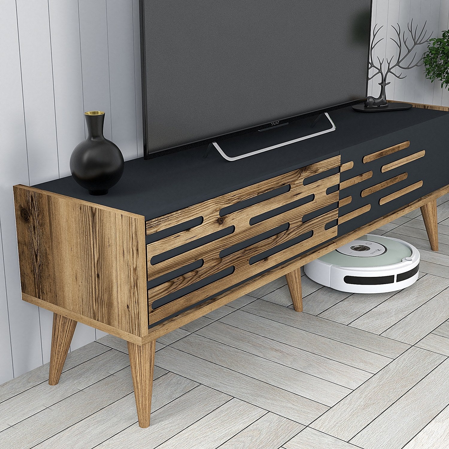 Móvel de TV elegante com prateleira de parede, nogueira e antracite, 140 cm x 35 cm | 100% revestido em melamina, 18 mm de espessura | Amplo espaço de armazenamento e design moderno