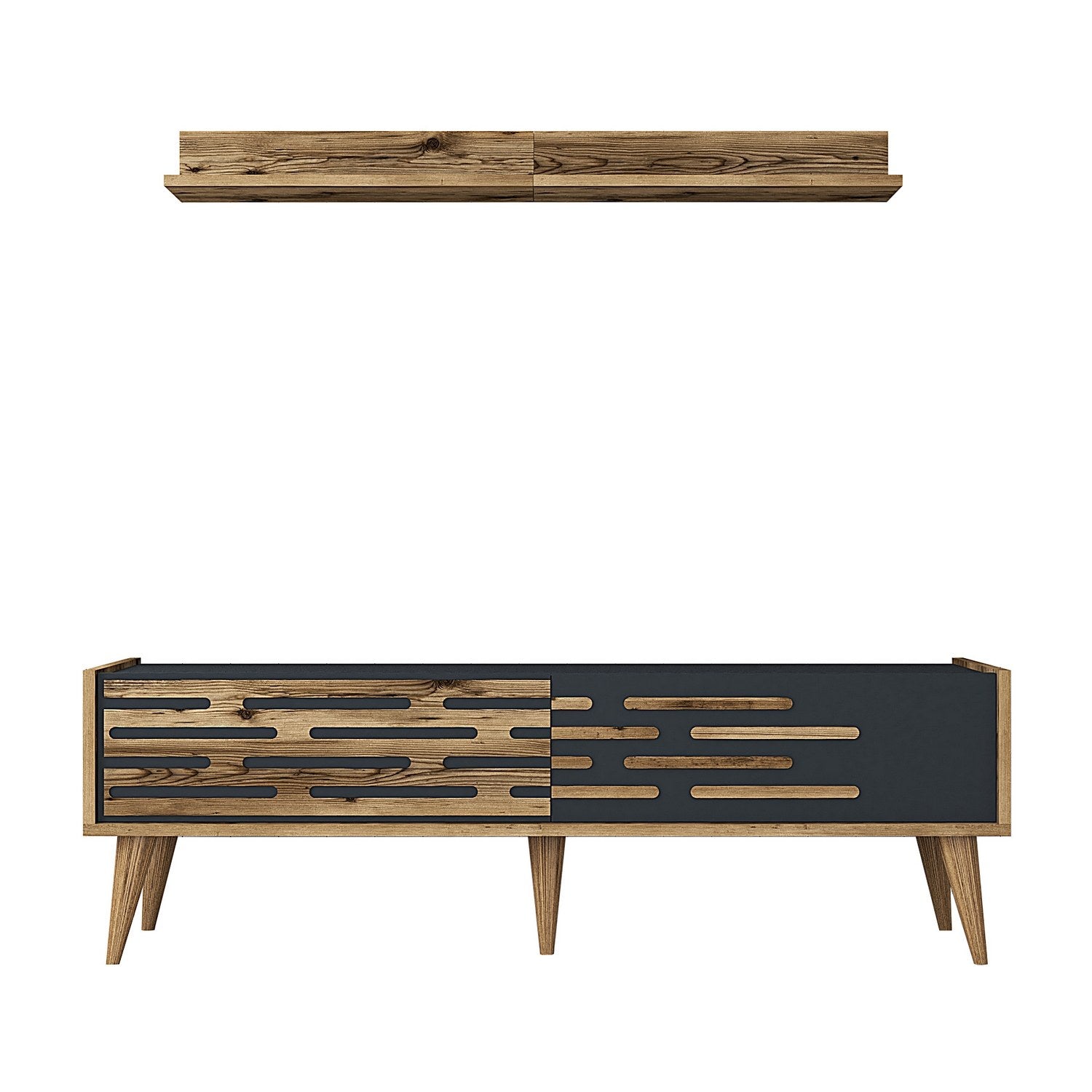 Móvel de TV elegante com prateleira de parede, nogueira e antracite, 140 cm x 35 cm | 100% revestido em melamina, 18 mm de espessura | Amplo espaço de armazenamento e design moderno