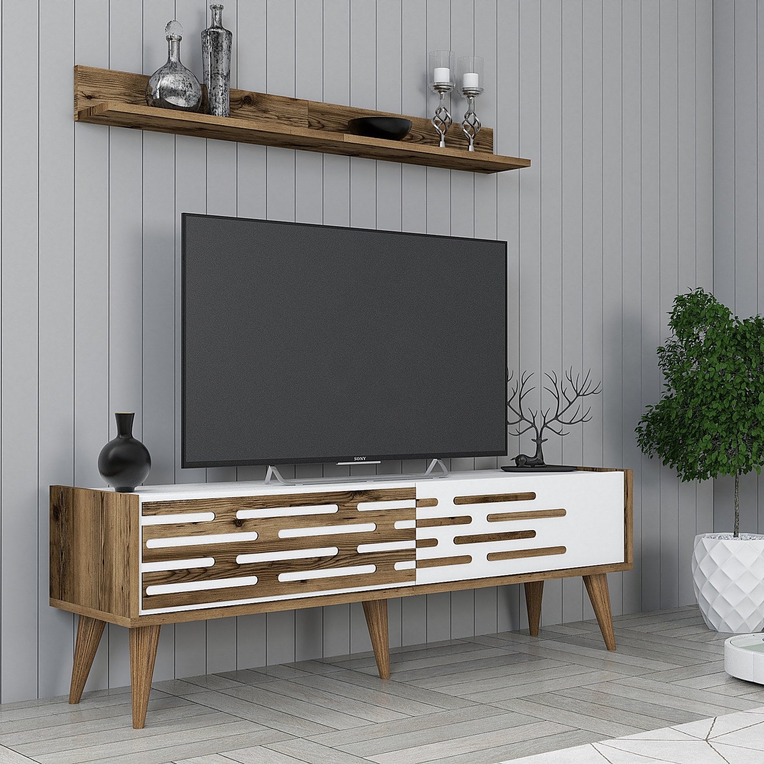 Móvel de TV elegante com prateleira de parede, nogueira e branco, 140 x 35 x 45 cm | 100% revestido em melamina, 18 mm de espessura | Amplo espaço de armazenamento e design moderno