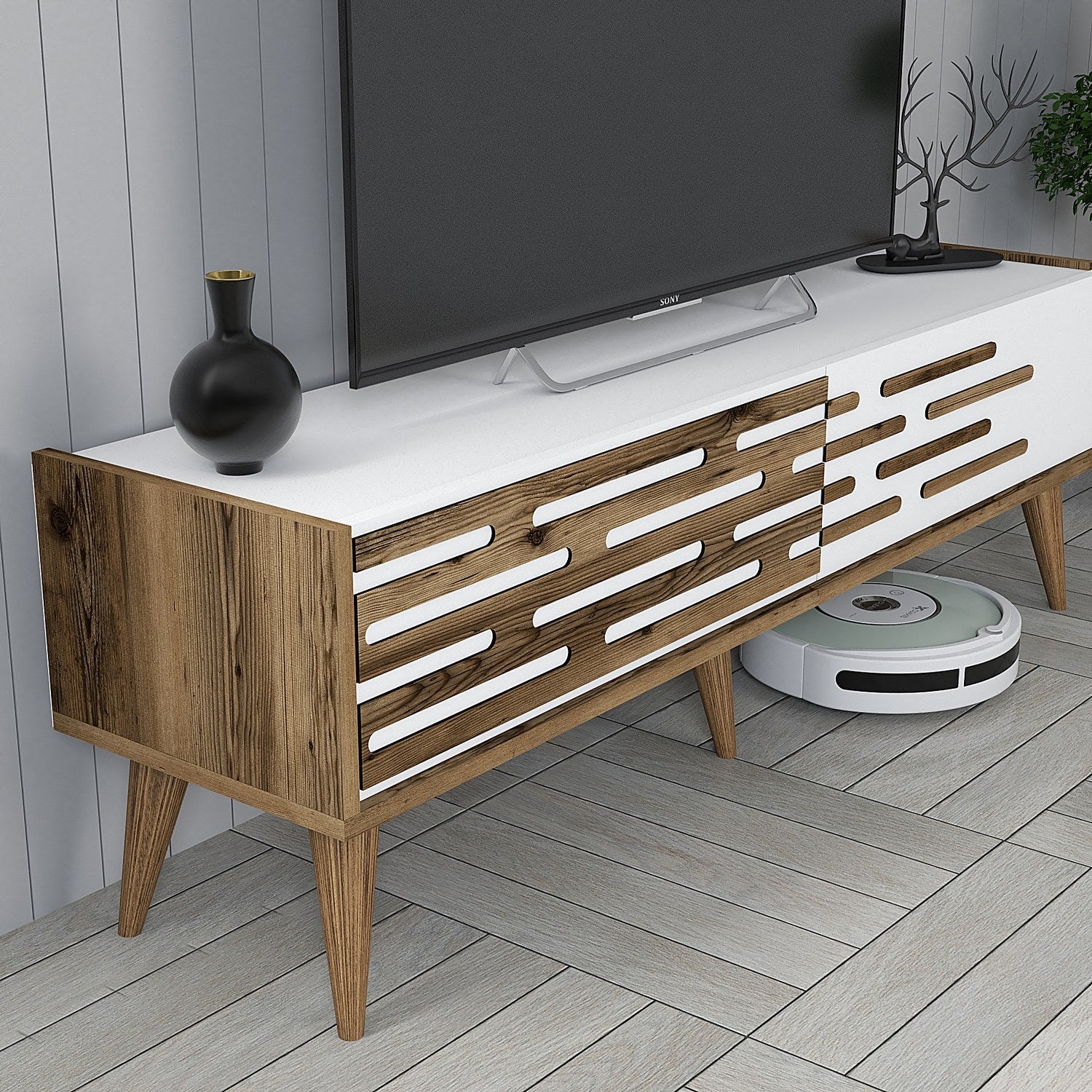 Móvel de TV elegante com prateleira de parede, nogueira e branco, 140 x 35 x 45 cm | 100% revestido em melamina, 18 mm de espessura | Amplo espaço de armazenamento e design moderno