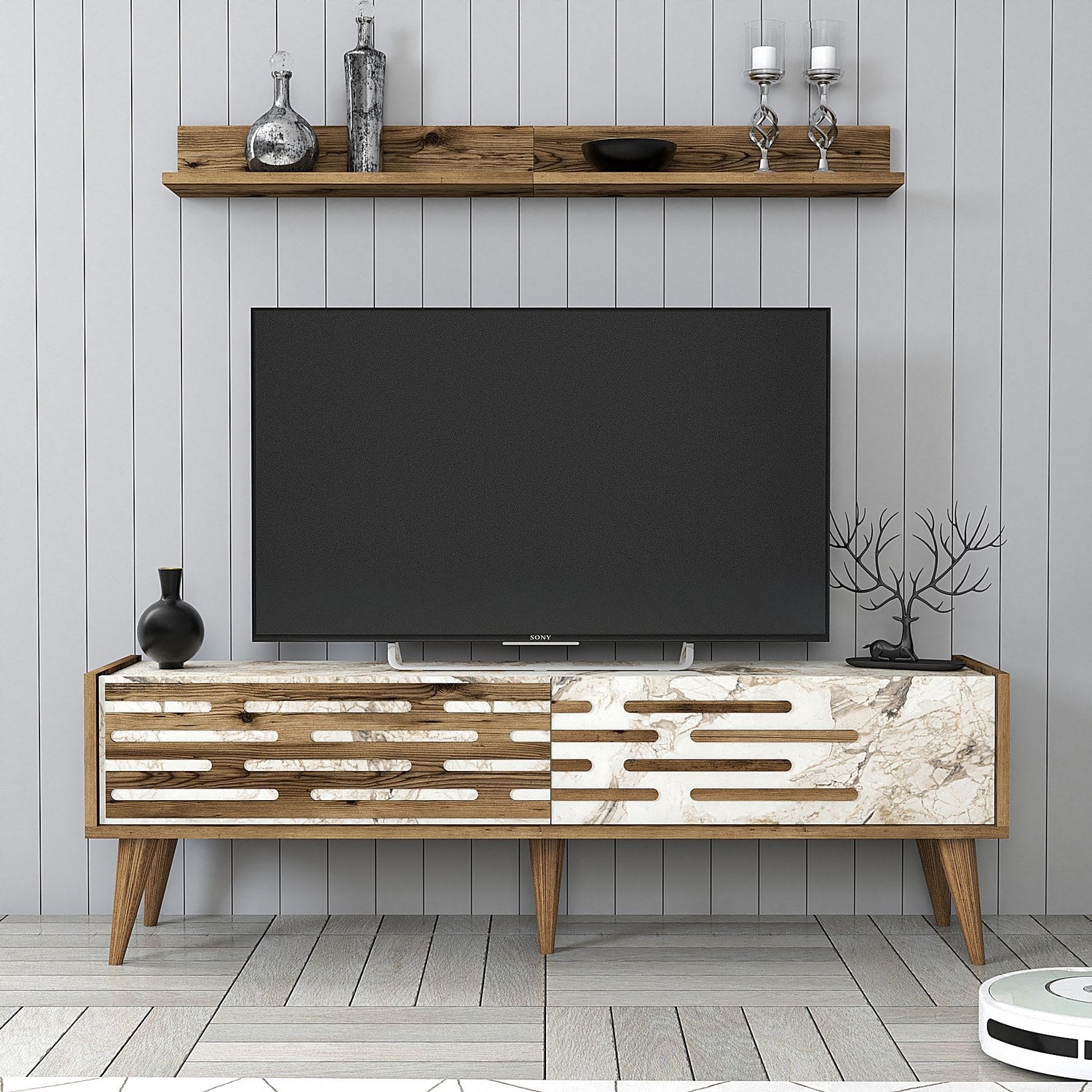 Móvel de TV elegante com prateleira de parede, nogueira e branco/mármore, 140 cm x 35 cm | 100% revestido em melamina, 18 mm de espessura | Amplo espaço de armazenamento e design moderno