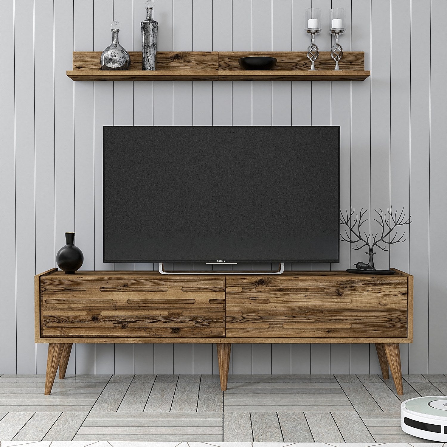 Móvel de TV elegante em nogueira com prateleira de parede, 140 cm de largura, 100% revestido em melamina, 18 mm de espessura, várias prateleiras e espaço de armazenamento, perfeito para salas de estar modernas