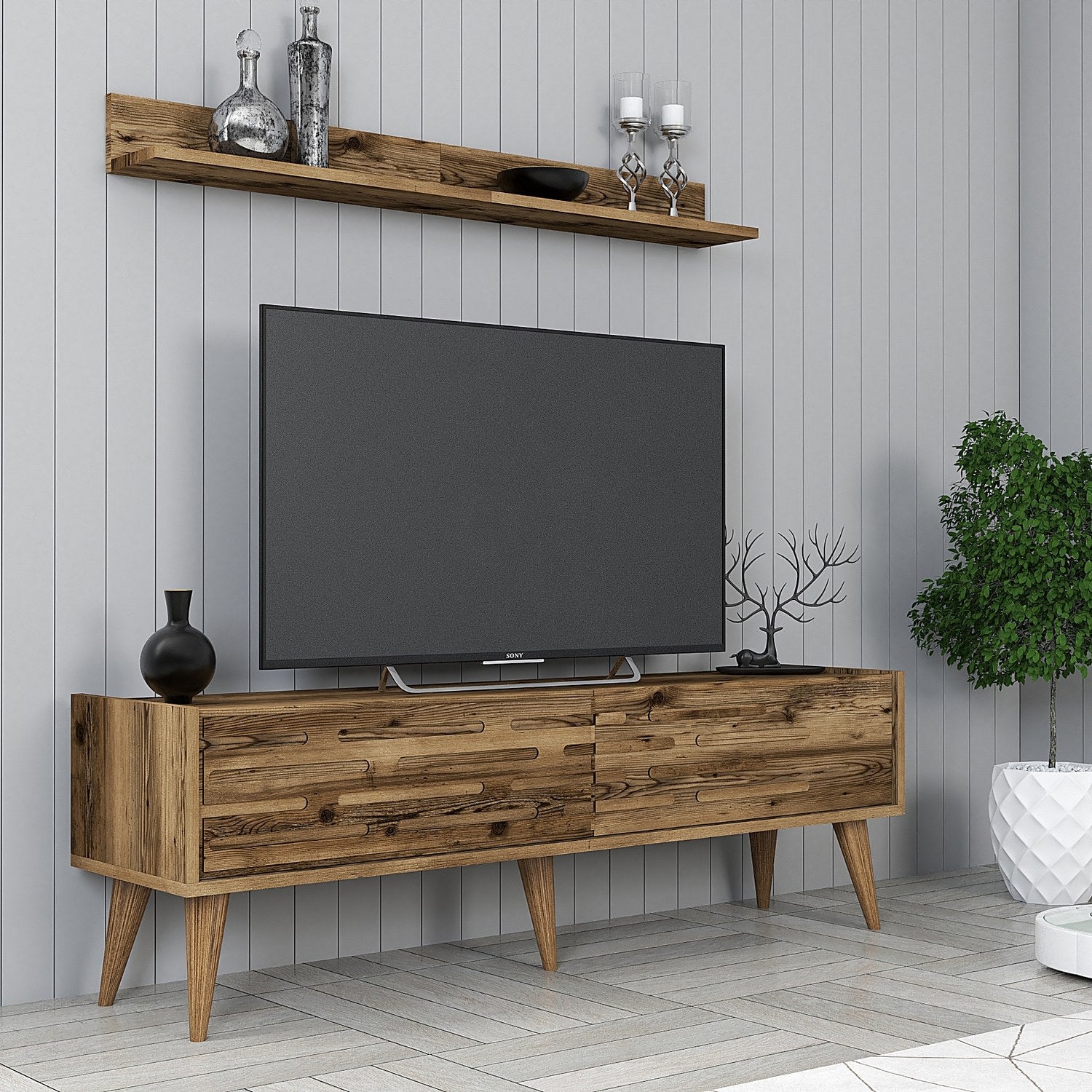 Móvel de TV elegante em nogueira com prateleira de parede, 140 cm de largura, 100% revestido em melamina, 18 mm de espessura, várias prateleiras e espaço de armazenamento, perfeito para salas de estar modernas
