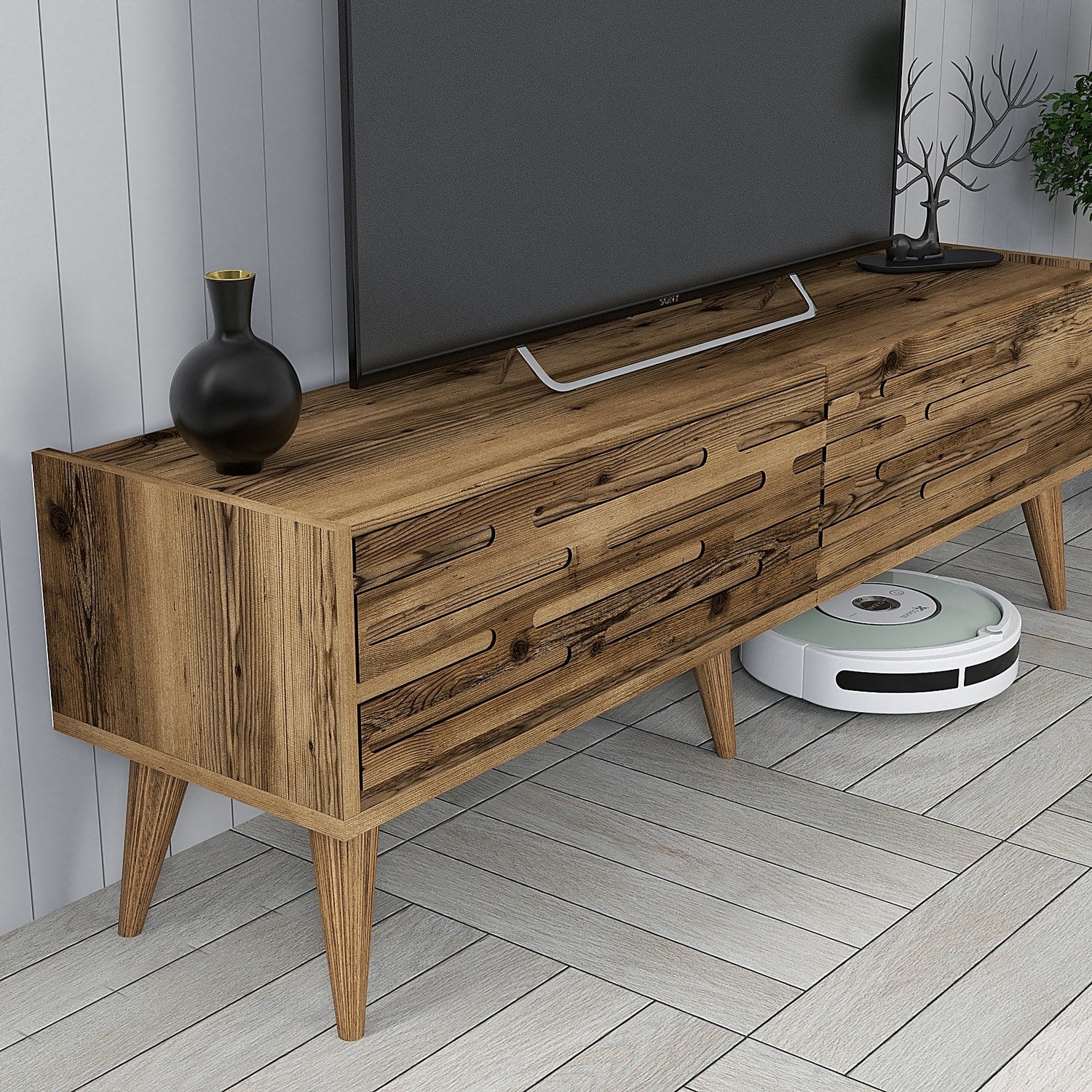 Móvel de TV elegante em nogueira com prateleira de parede, 140 cm de largura, 100% revestido em melamina, 18 mm de espessura, várias prateleiras e espaço de armazenamento, perfeito para salas de estar modernas