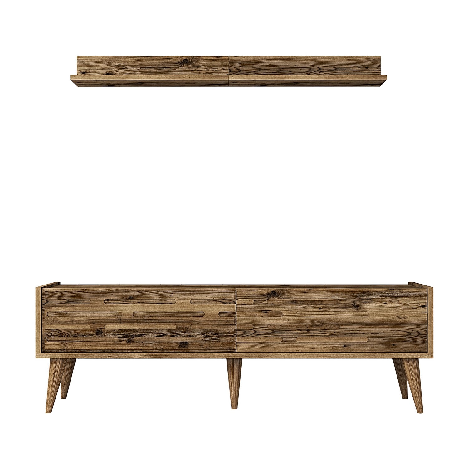 Móvel de TV elegante em nogueira com prateleira de parede, 140 cm de largura, 100% revestido em melamina, 18 mm de espessura, várias prateleiras e espaço de armazenamento, perfeito para salas de estar modernas