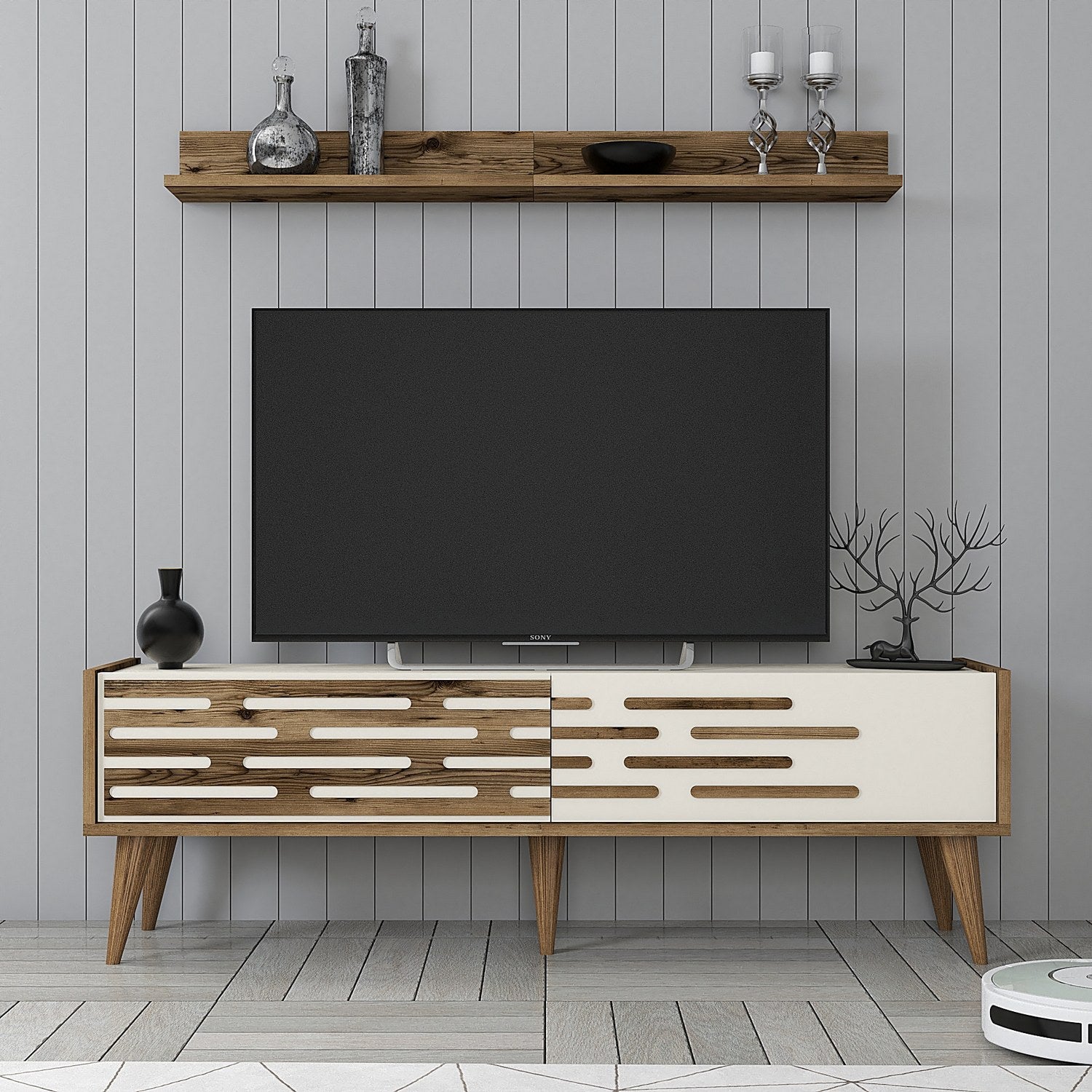 Móvel de TV elegante com prateleira de parede, nogueira e creme, 140 x 35 x 45 cm | 100% revestido em melamina, 18 mm de espessura | Amplo espaço de armazenamento e design moderno