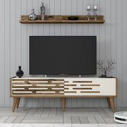 Móvel de TV elegante com prateleira de parede, nogueira e creme, 140 x 35 x 45 cm | 100% revestido em melamina, 18 mm de espessura | Amplo espaço de armazenamento e design moderno