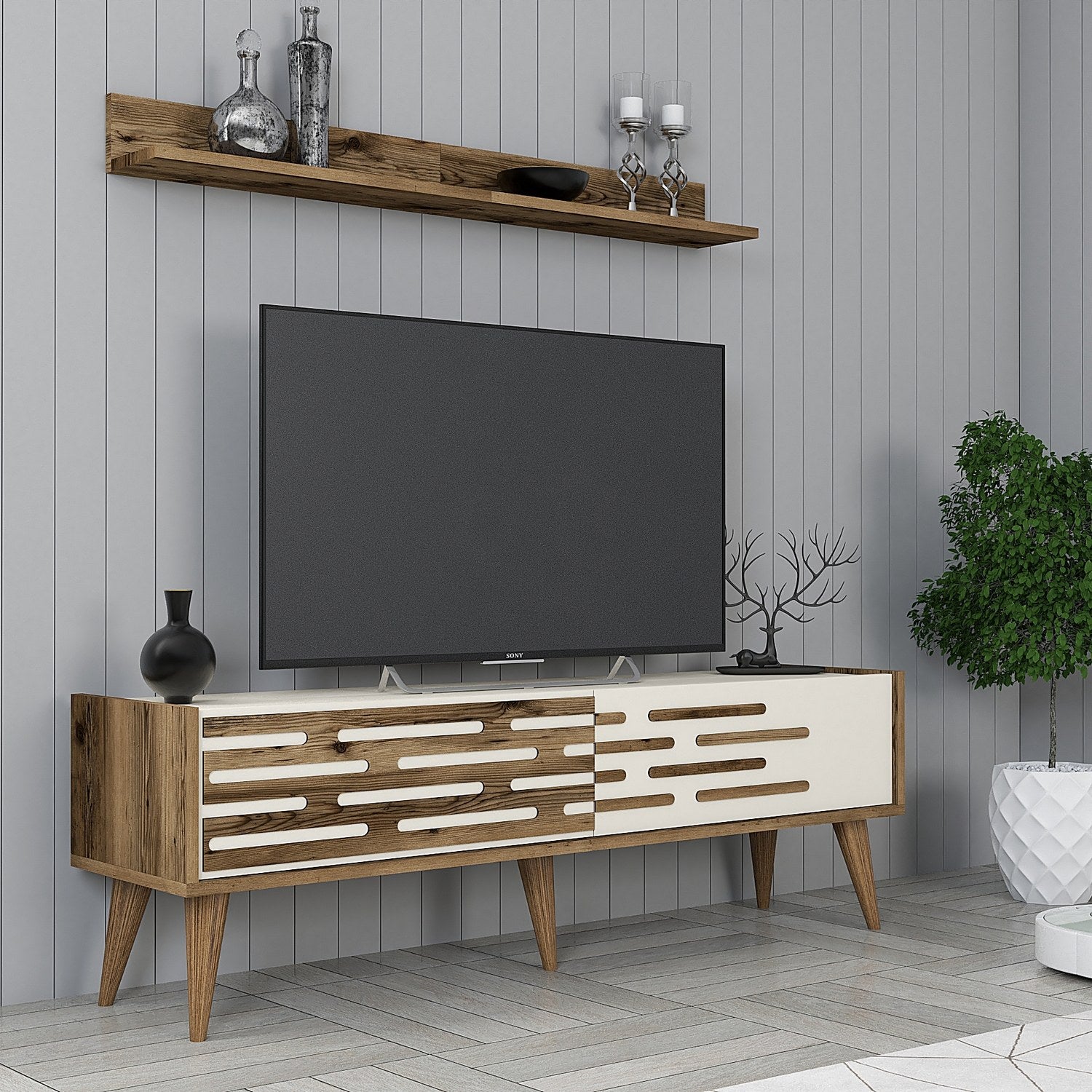 Móvel de TV elegante com prateleira de parede, nogueira e creme, 140 x 35 x 45 cm | 100% revestido em melamina, 18 mm de espessura | Amplo espaço de armazenamento e design moderno