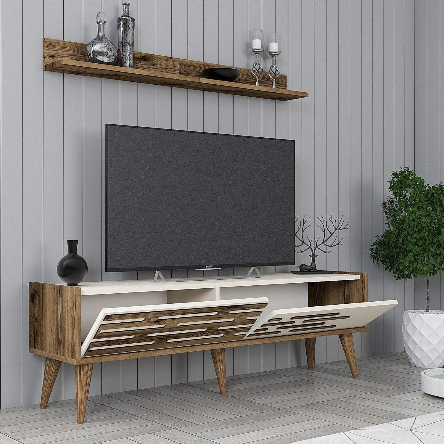 Móvel de TV elegante com prateleira de parede, nogueira e creme, 140 x 35 x 45 cm | 100% revestido em melamina, 18 mm de espessura | Amplo espaço de armazenamento e design moderno