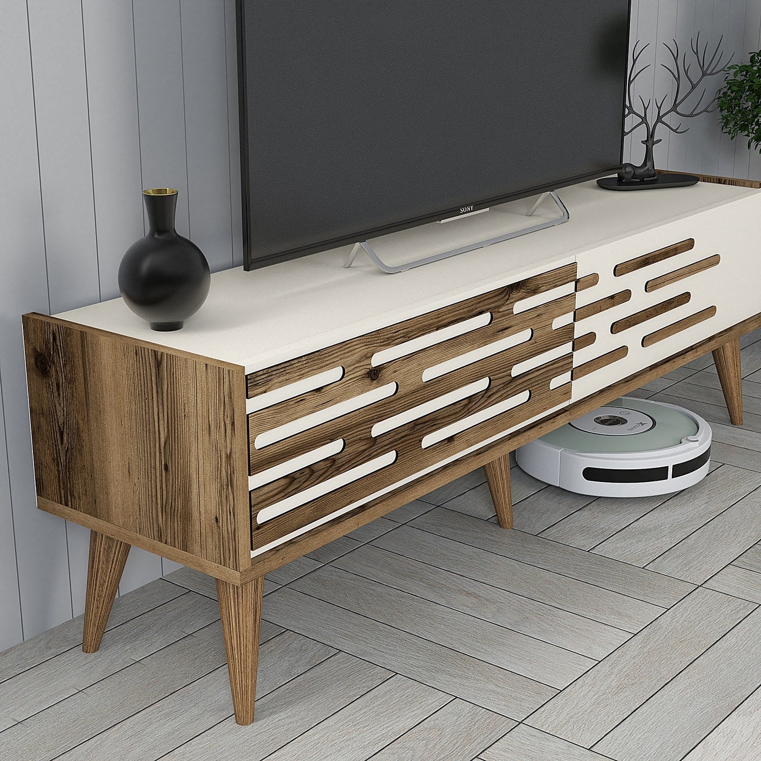 Móvel de TV elegante com prateleira de parede, nogueira e creme, 140 x 35 x 45 cm | 100% revestido em melamina, 18 mm de espessura | Amplo espaço de armazenamento e design moderno
